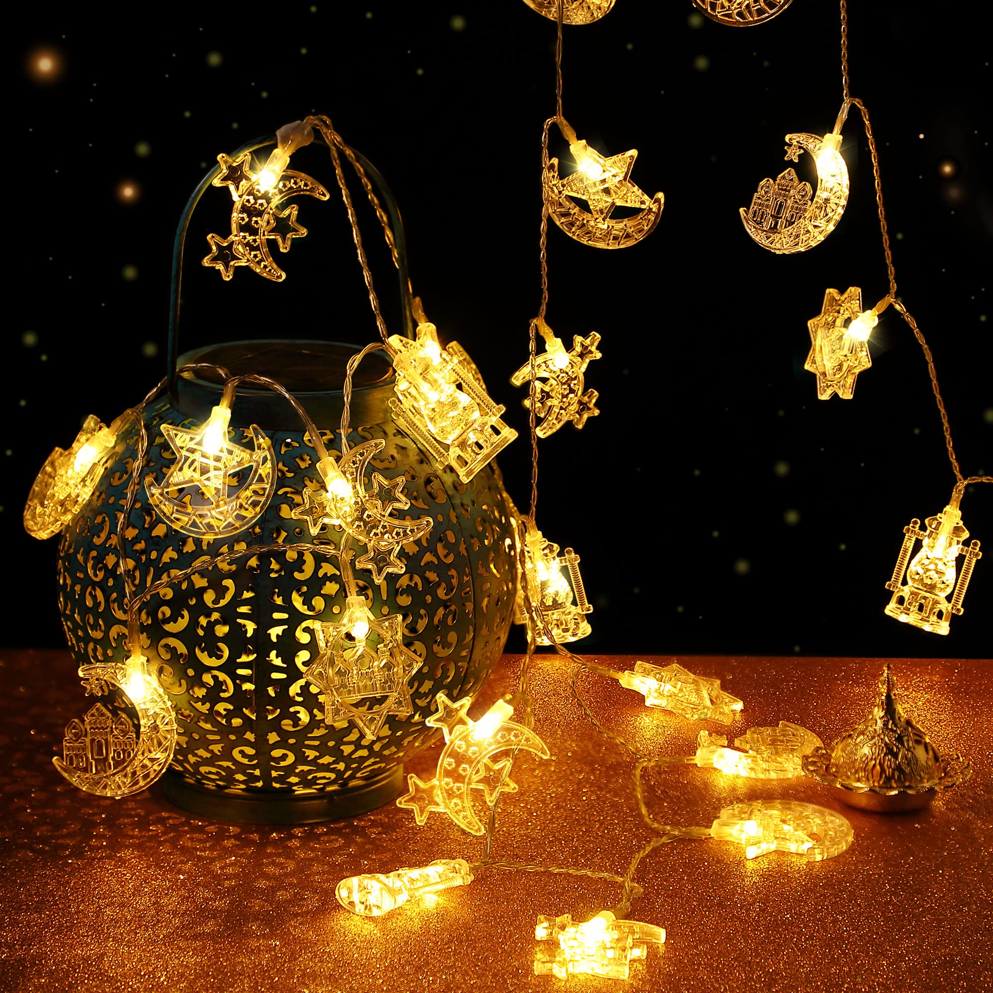 Hiboom 2 Pack 16 ft Moon Star Ramadan String Lights - 30 LED Battery Operated Fairy Lights with Remote Control for Ramadan & Eid Decorations (Warm White) - Perfect for Indoor/Outdoor Home, Garden, Party, and Festival Decor