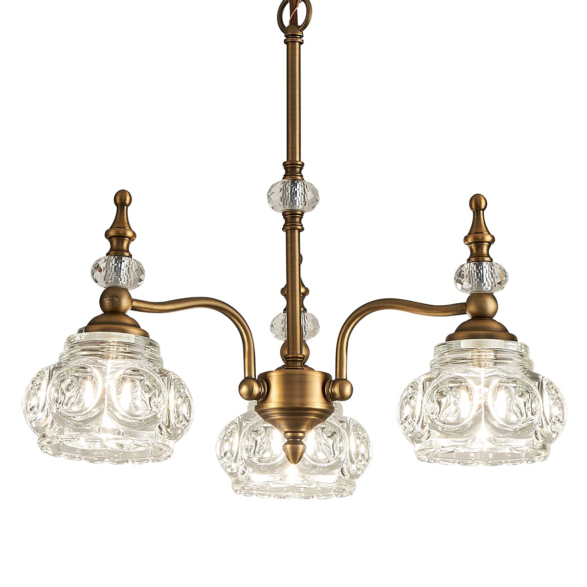 Vintage Brass Pendant Light Fixture - 3-Light Modern Chandelier with Crystal Glass Shade, Matte Brushed Antique Finish for Kitchen Island, Dining Room & Bar Lighting | Elegant Vintage Ceiling Lighting for Home Decor