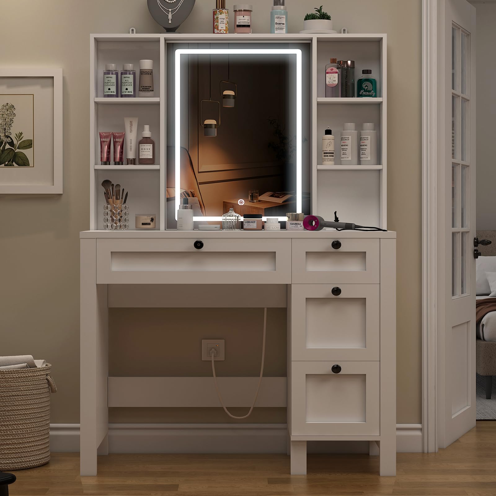 White Vanity Desk with Glass Tabletop, Power Outlet & LED Lights - Makeup Vanity Set with Mirror, 4 Drawers & 6 Shelves - Perfect Dressing Table for Bedroom, Home Decor & Beauty Routine