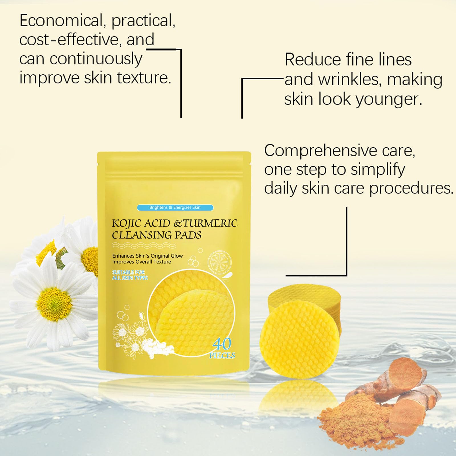 Kojic Acid & Turmeric Exfoliating Face Pads - Brightening Cleansing Pads for Even Skin Tone - Oil Balancing & Soothing Facial Treatment - 40 Count for Daily Skincare Routine - Perfect for Acne-Prone & Dull Skin