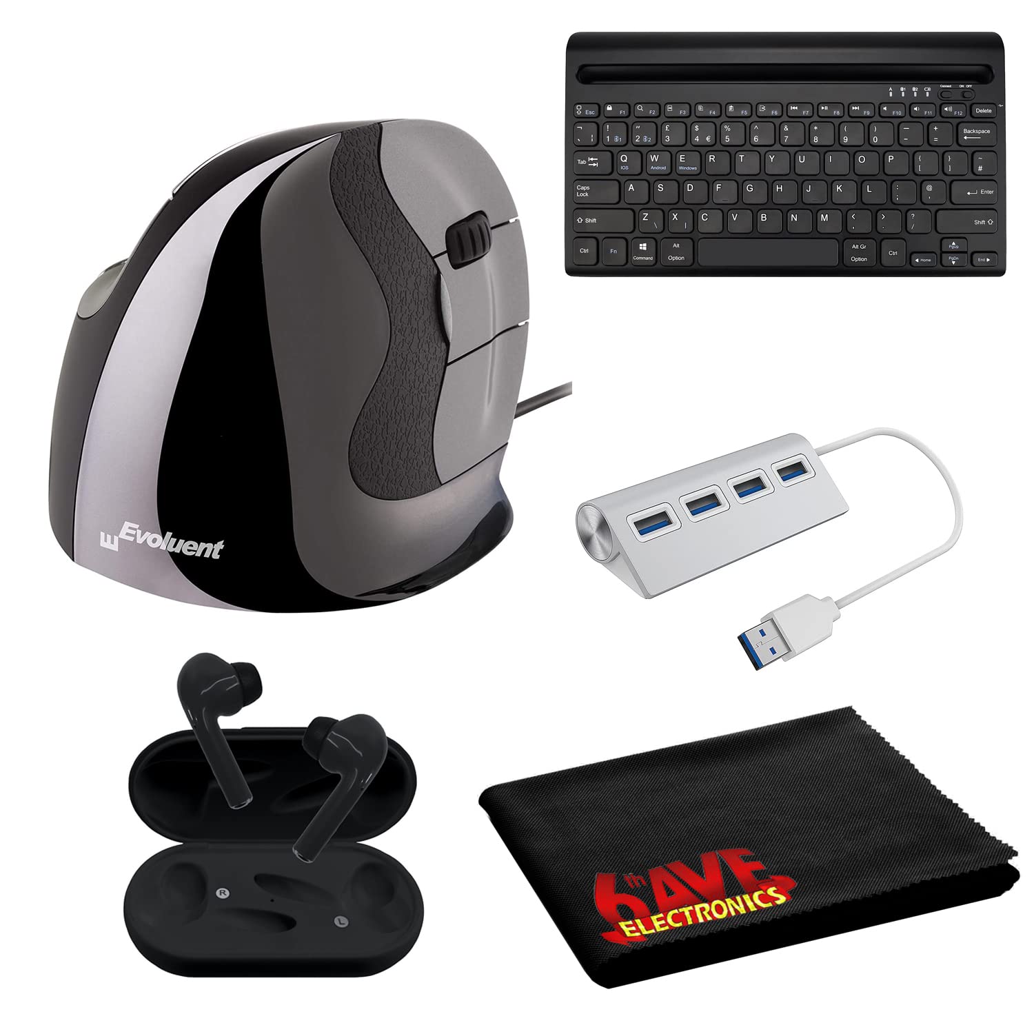 Evoluent VMDS Vertical Mouse Right Hand (Wired) - Bluetooth Keyboard & Headset Combo with USB Dock & Cleaning Cloth - Ergonomic Office Setup for Computer Work, Gaming & Home Office Use