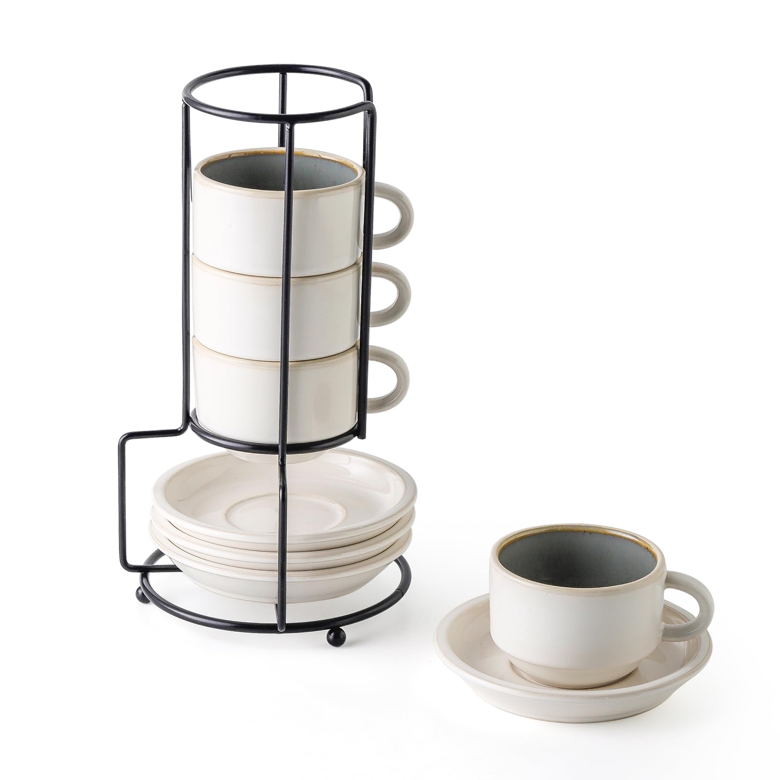 JIEMEI HOME 4-Piece Porcelain Stackable Espresso Cups Set with Saucers & Metal Stand - 4oz Demitasse Cups for Specialty Coffee, Cafe Mocha, Tea - White & Green - Perfect for Home Cafes, Coffee Shops & Gifts