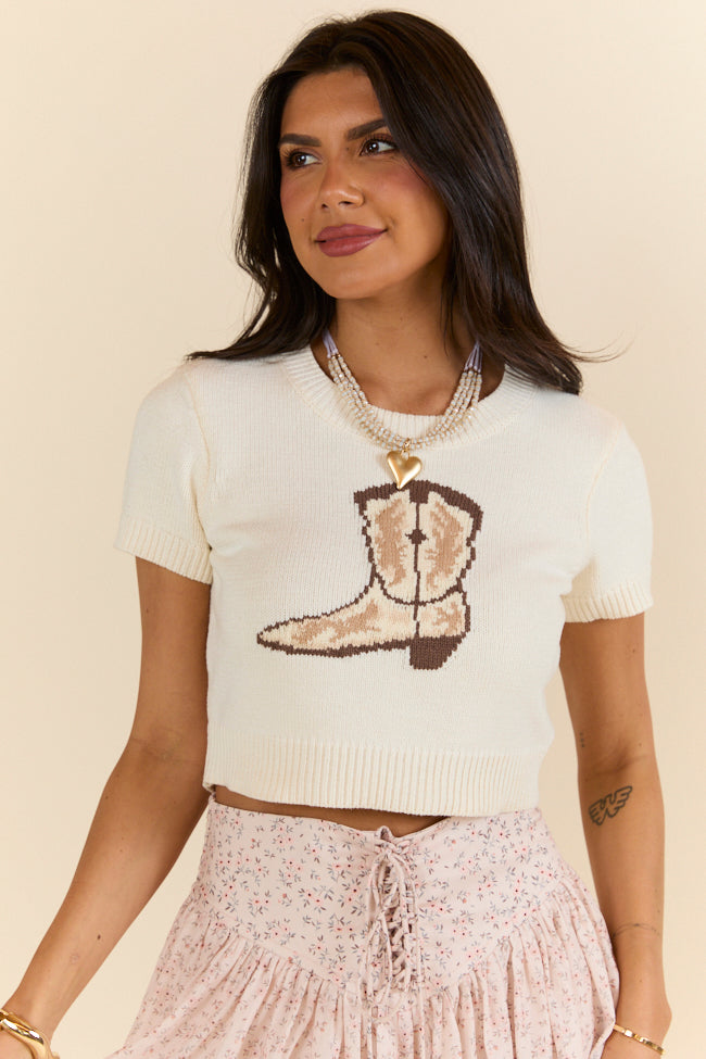 Made For Walkin' Ivory Boot Detail Cropped Sweater - Women's Fashion Knitwear for Fall & Winter - Perfect for Casual Outfits, Date Nights & Holiday Parties