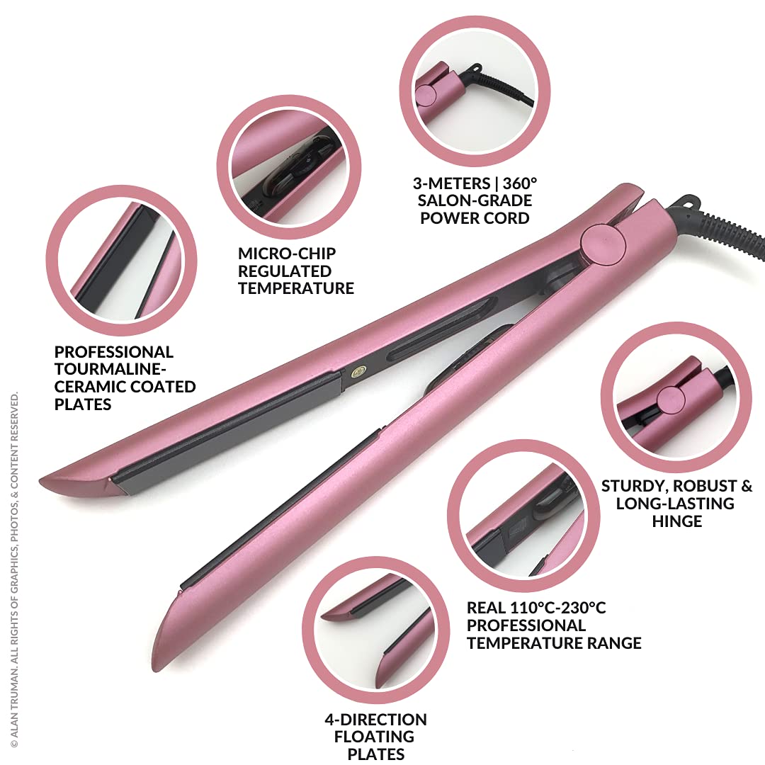 Alan Truman AT-104 Soft Pink Tourmaline Ceramic Hair Straightener - 1 Inch Flat Iron for Smooth & Shiny Hair - 450°F Adjustable Temperature - Perfect for Home Use, Travel & Salon Styling - Metallic Pink (500g)