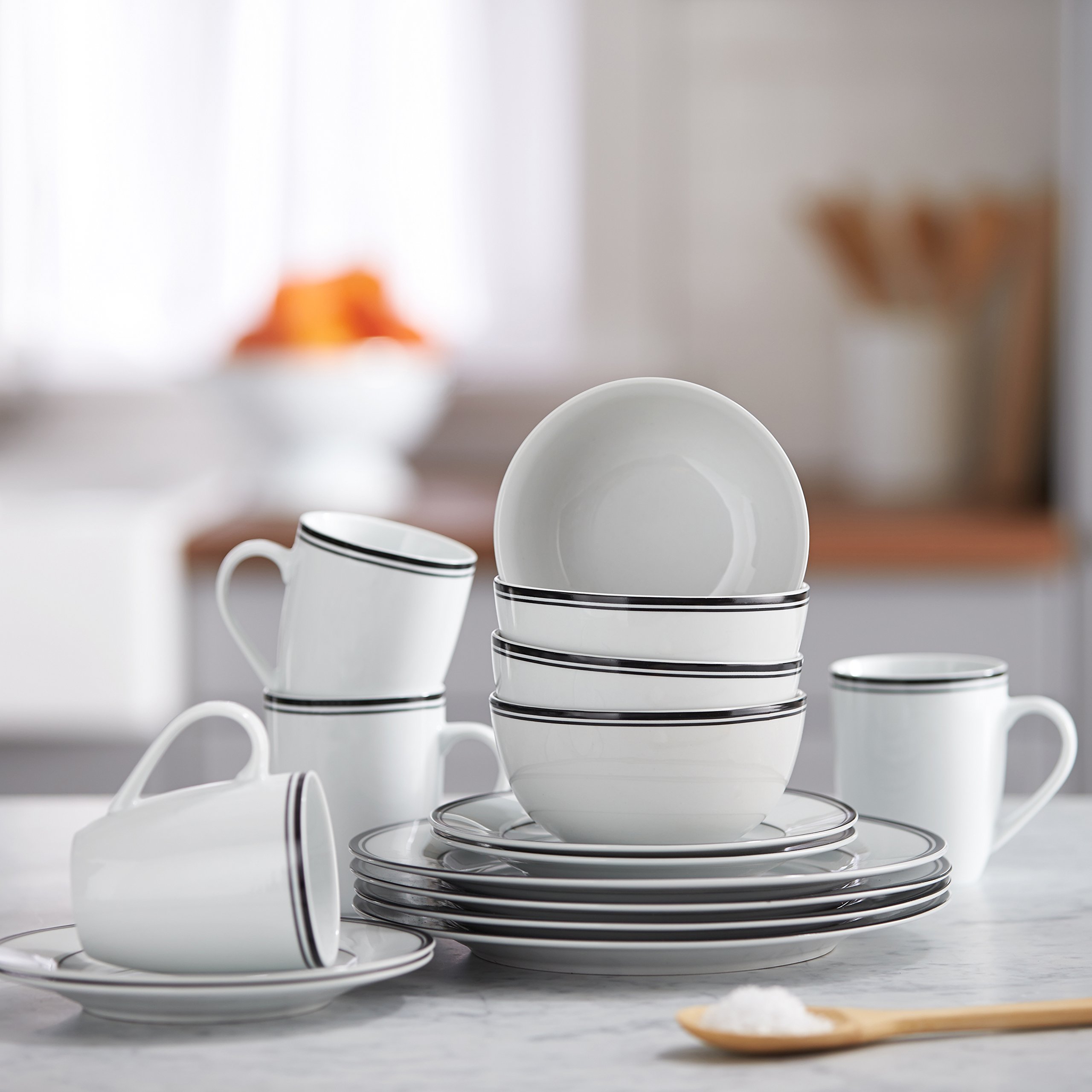 Amazon Basics 16-Piece Cafe Stripe Dinnerware Set - Plates, Bowls, Mugs for 4 People & 8-Piece Non-Stick Cookware Set with Pots and Pans - Modern Black Kitchen Essentials for Dining, Cooking & Entertaining