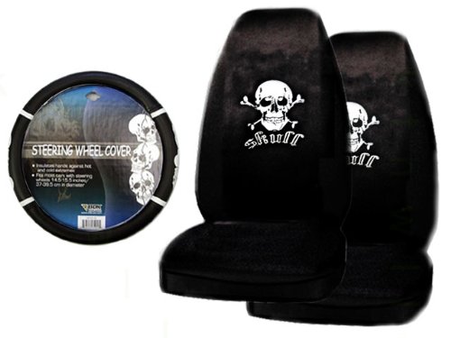 Universal Fit Skull White Car Seat Covers (Set of 2) & Comfort Grip Steering Wheel Cover - Premium Auto Accessories for Cars, Trucks, SUVs - Stylish Protection & Enhanced Driving Comfort