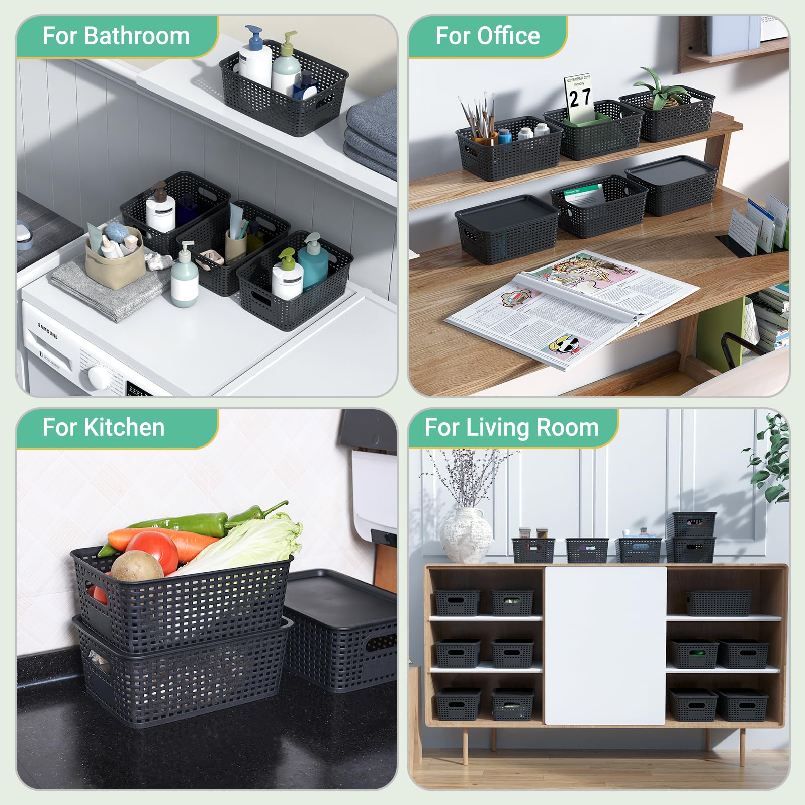 Stackable Plastic Storage Baskets with Lids - 8-Pack Black Organizing Bins (10.2x7.2x4.1 Inch) for Shelves, Drawers, Closet, Office, Classroom & Playroom - Perfect for Home Organization & Space Saving