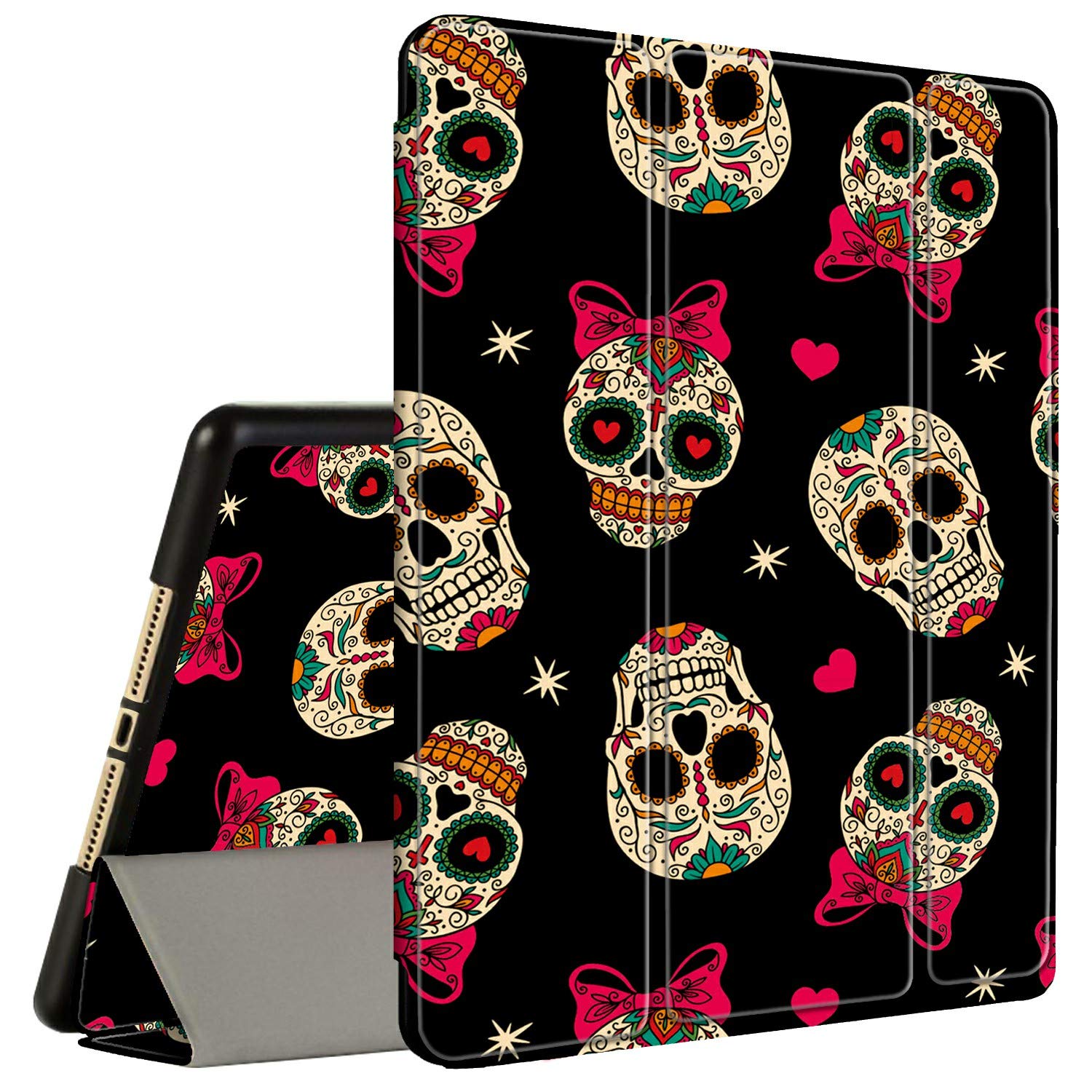 Amook Tri-Fold Smart Cover Stand Shockproof Case for iPad 9.7 Inch (6th/5th Gen 2018/2017 & iPad Air 1/2) with Pencil Holder - Sugar Skulls Design - Perfect for Work, School & Travel