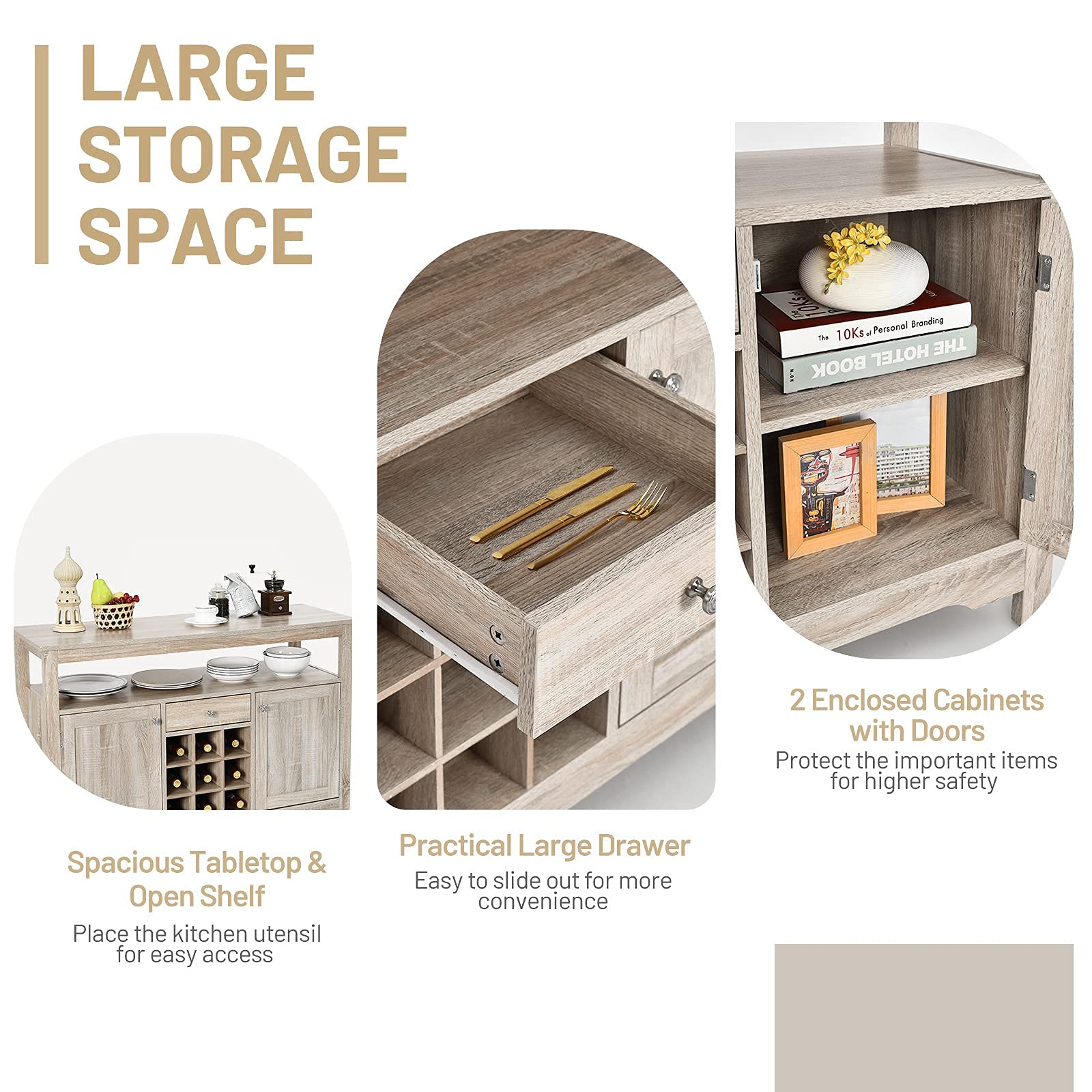 Farmhouse Buffet Sideboard with Wine Rack - Wooden Kitchen Organizer with 2 Cabinets, 1 Drawer & 9 Wine Slots - Rustic Dining Room Storage Cupboard & Server Table for Home, Restaurant & Bar Use