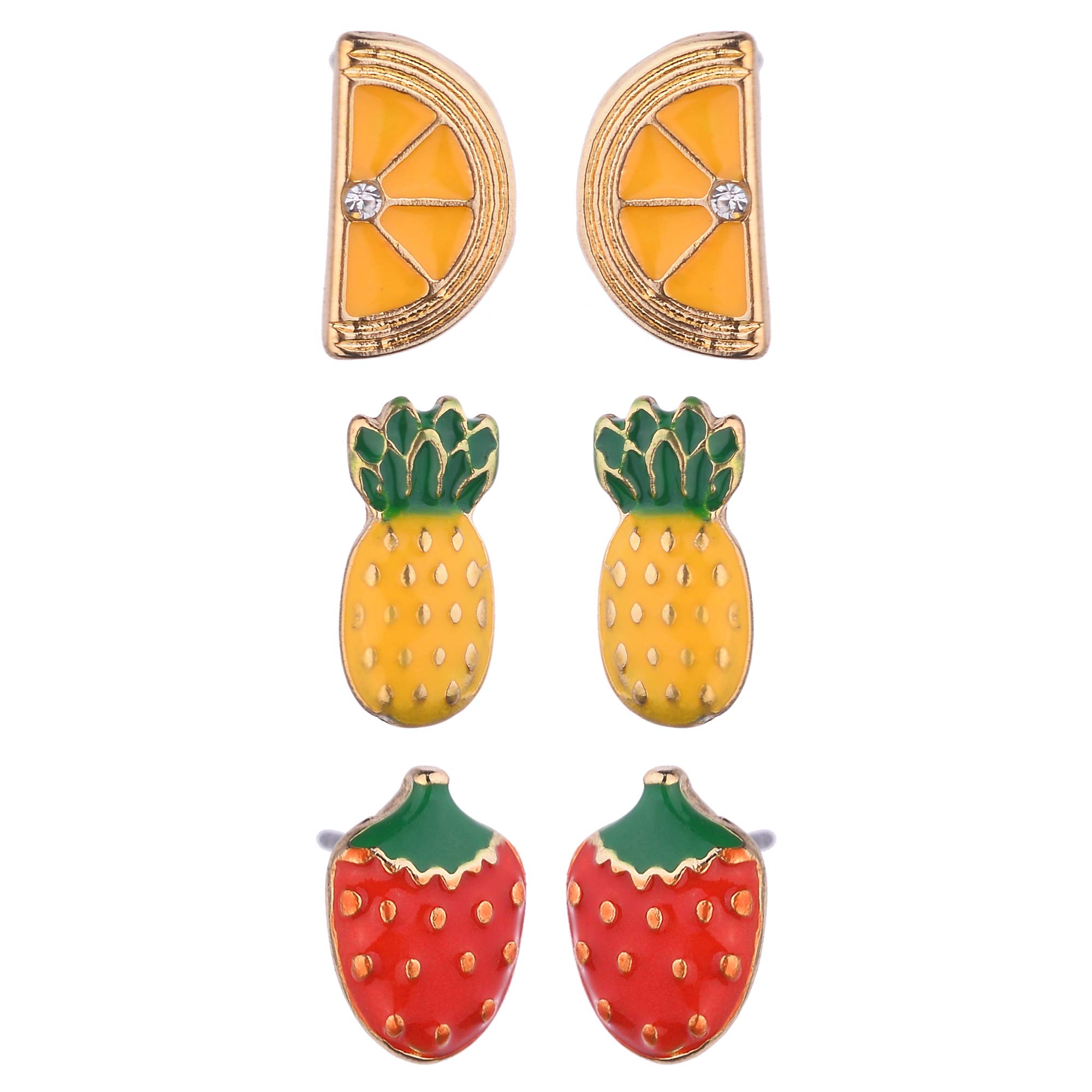 Strawberry Pineapple Lemon Slice Stud Earrings Set of 3 Pairs - Cute Fruit Lover Jewelry for Women - Perfect for Summer Outfits, Beach Vacations & Gift Giving