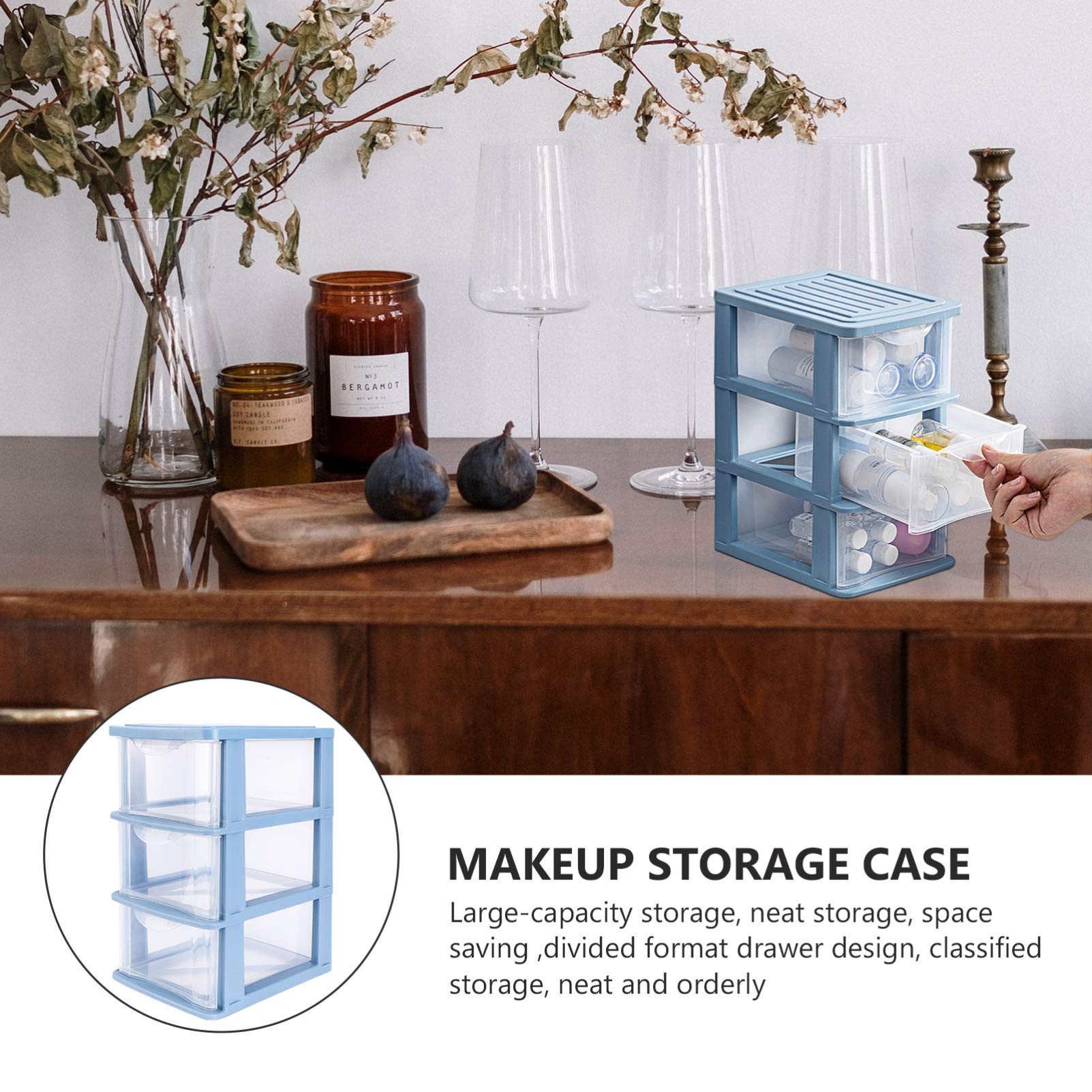 3-Drawer Plastic Storage Cabinet - Makeup Organizer & Jewelry Display Case for Bathroom Vanity, Countertops & Desk (Blue) | Compact Cosmetic Storage Solution for Home & Office Organization