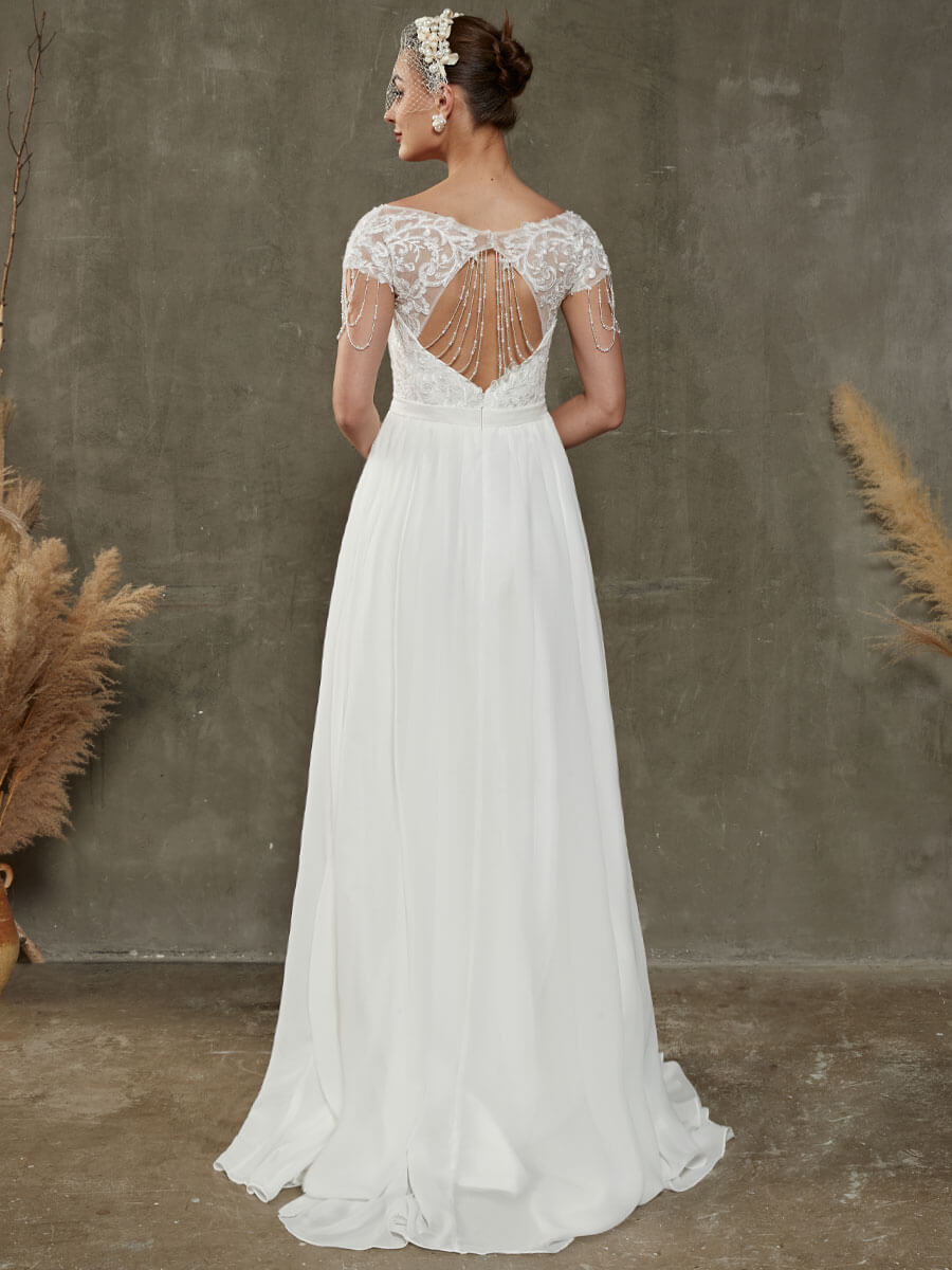 Elegant Chiffon Short Cap Sleeve Wedding Dress with Lace Tassels - Flowy Bridal Gown for Beach, Garden & Outdoor Ceremonies