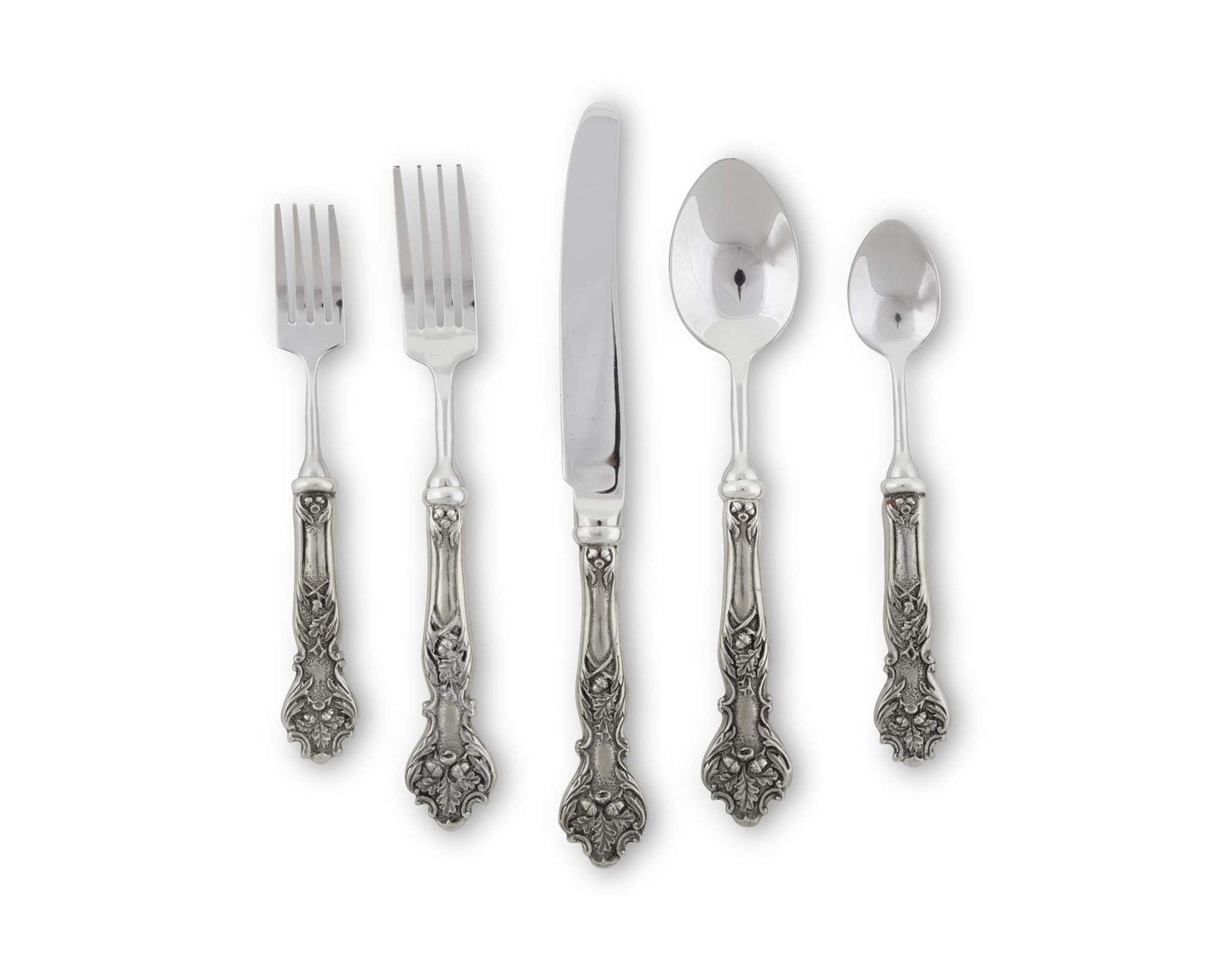 Vagabond House 5-Piece Pewter Flatware Set - Mighty Oak Design, 9.5 Inch Stainless Steel Silverware for Everyday Dining & Outdoor Picnics