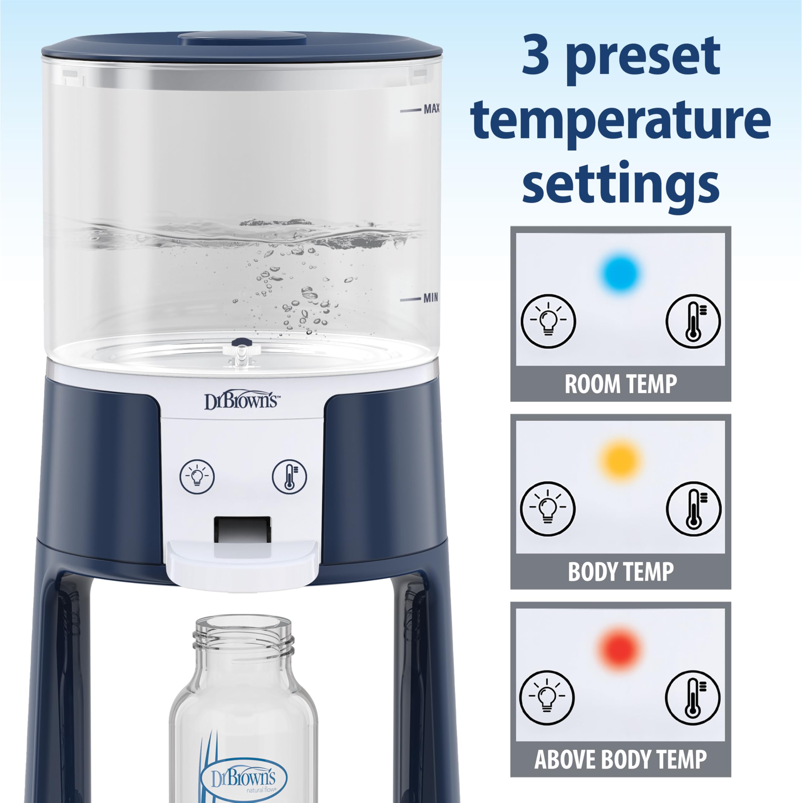 Dr. Brown’s Insta-Prep Warm Water Dispenser for Baby Formula - Large Glass Tank with 3 Temperature Settings (Blue) - Perfect for Quick Night Feedings & On-the-Go Parenting