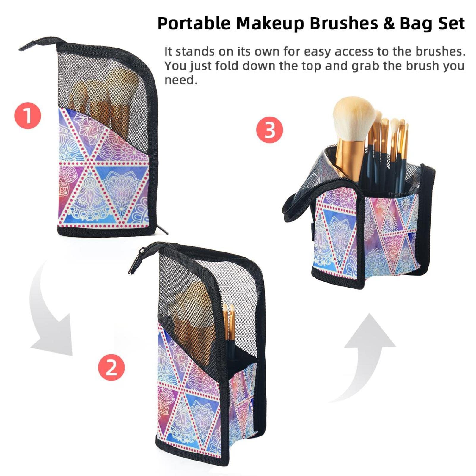 Ethnic Flower Mandala Vintage Makeup Brush Organizer Bag with 12 Brushes - Portable Cosmetic Brush Holder Case for Travel, Home & Professional Makeup Artists