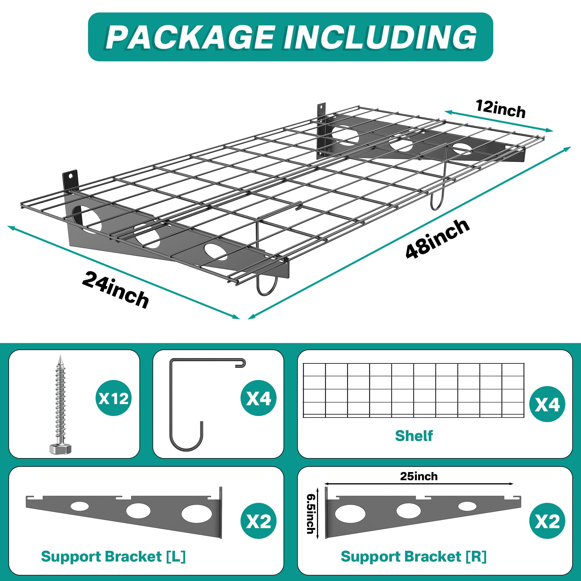 Heavy Duty Wall Mounted Garage Shelves 2x4 FT - Black Metal Storage Shelving with Hooks - 220 LB Capacity - Perfect for Garage Organization, Workshop Storage & Home Utility Shelves