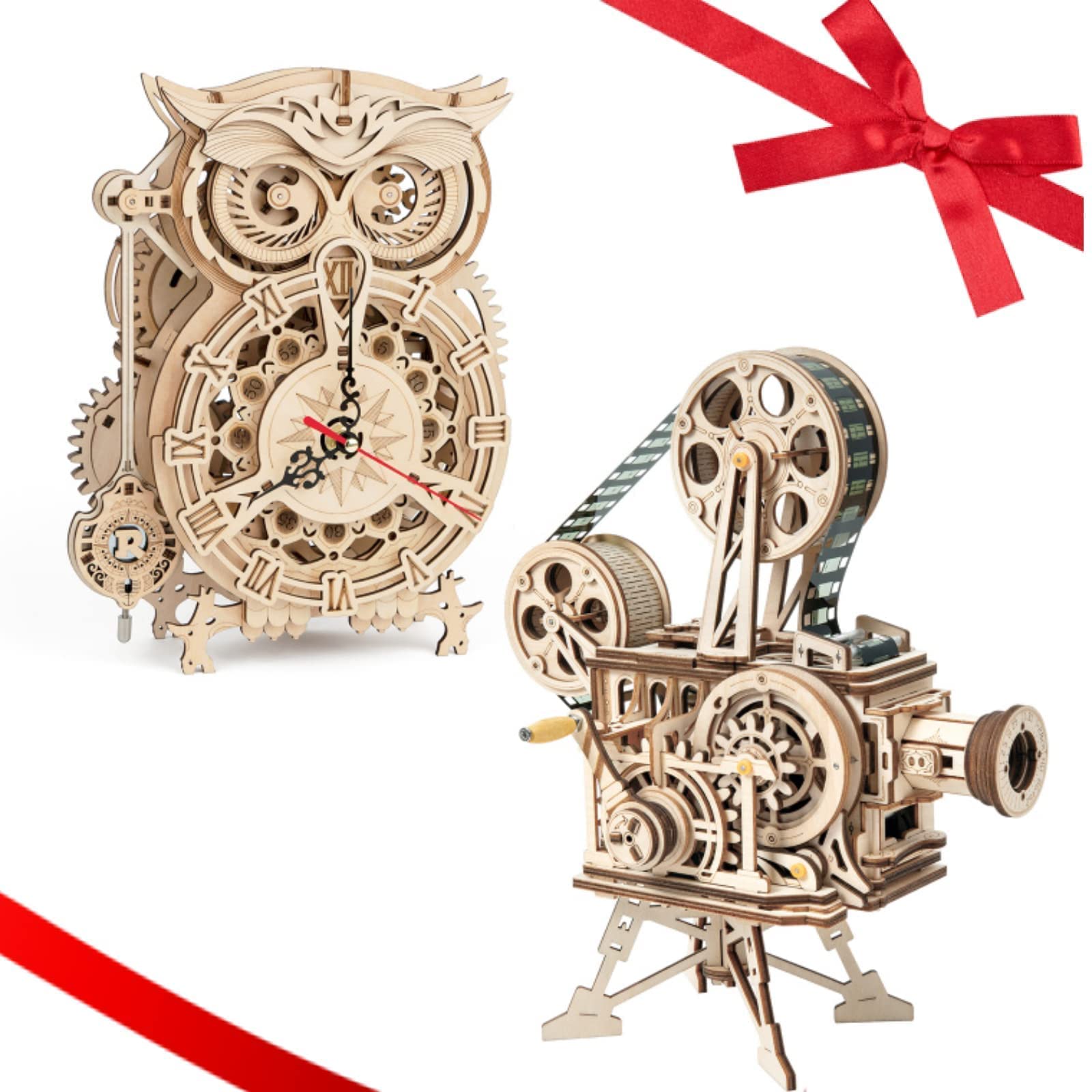 ROKR 3D Wooden Puzzles for Adults - Owl Clock & Film Projector Bundle, DIY Craft Kit, Unique Gift for Men Women, Home Office Decor | Perfect for Stress Relief, STEM Learning & Family Bonding Activities