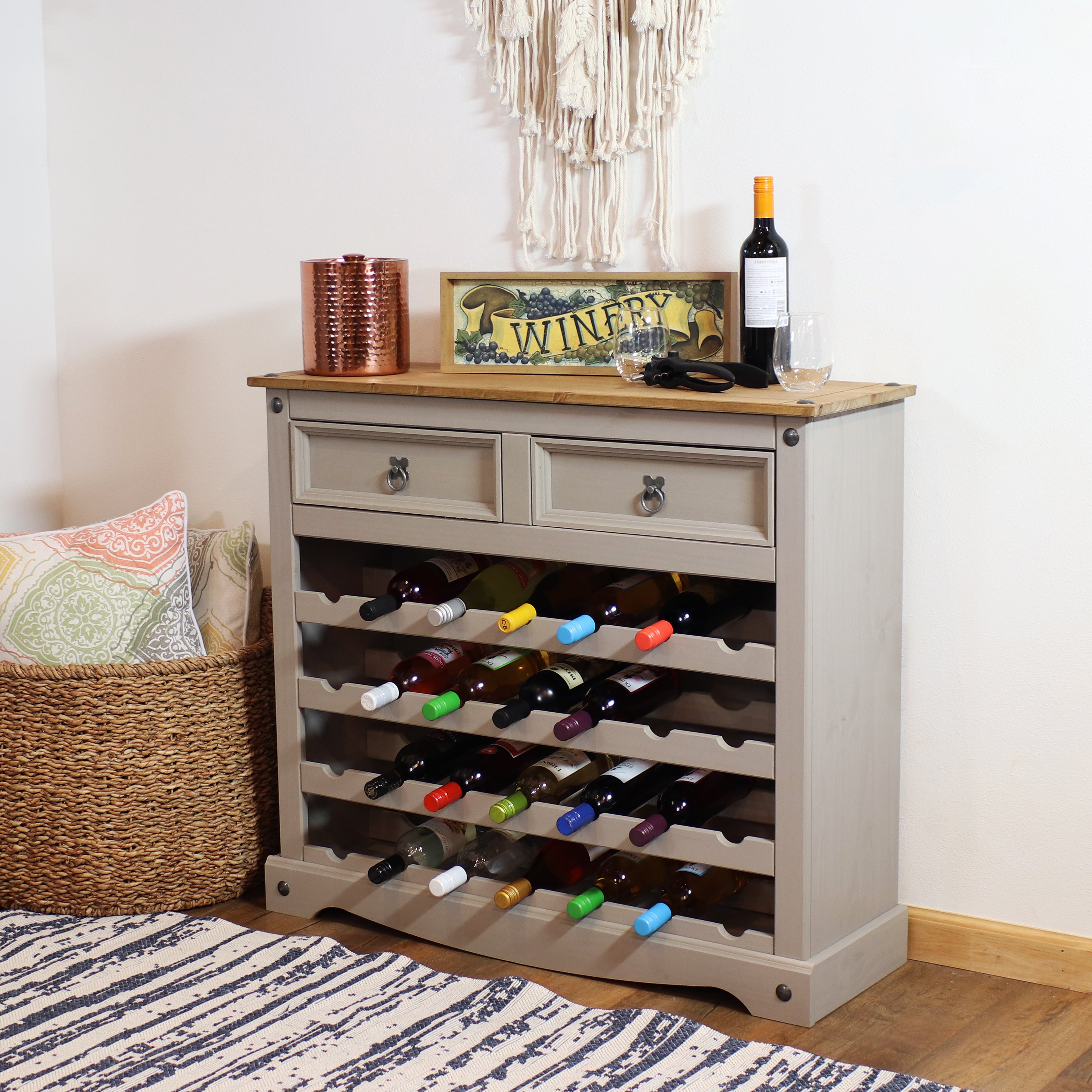 Sunnydaze 28 Bottle Solid Pine Freestanding Wine Rack Table in Gray - 34.5 Inches - Perfect for Dining Room, Kitchen, or Home Bar Storage
