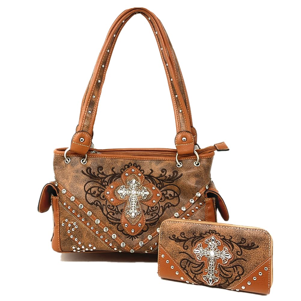 Western Style Embroidered Concealed Carry Purse & Wallet Set with Rhinestone Cross - Fashionable CCW Handbag for Women | Perfect for Church, Date Night & Everyday Carry