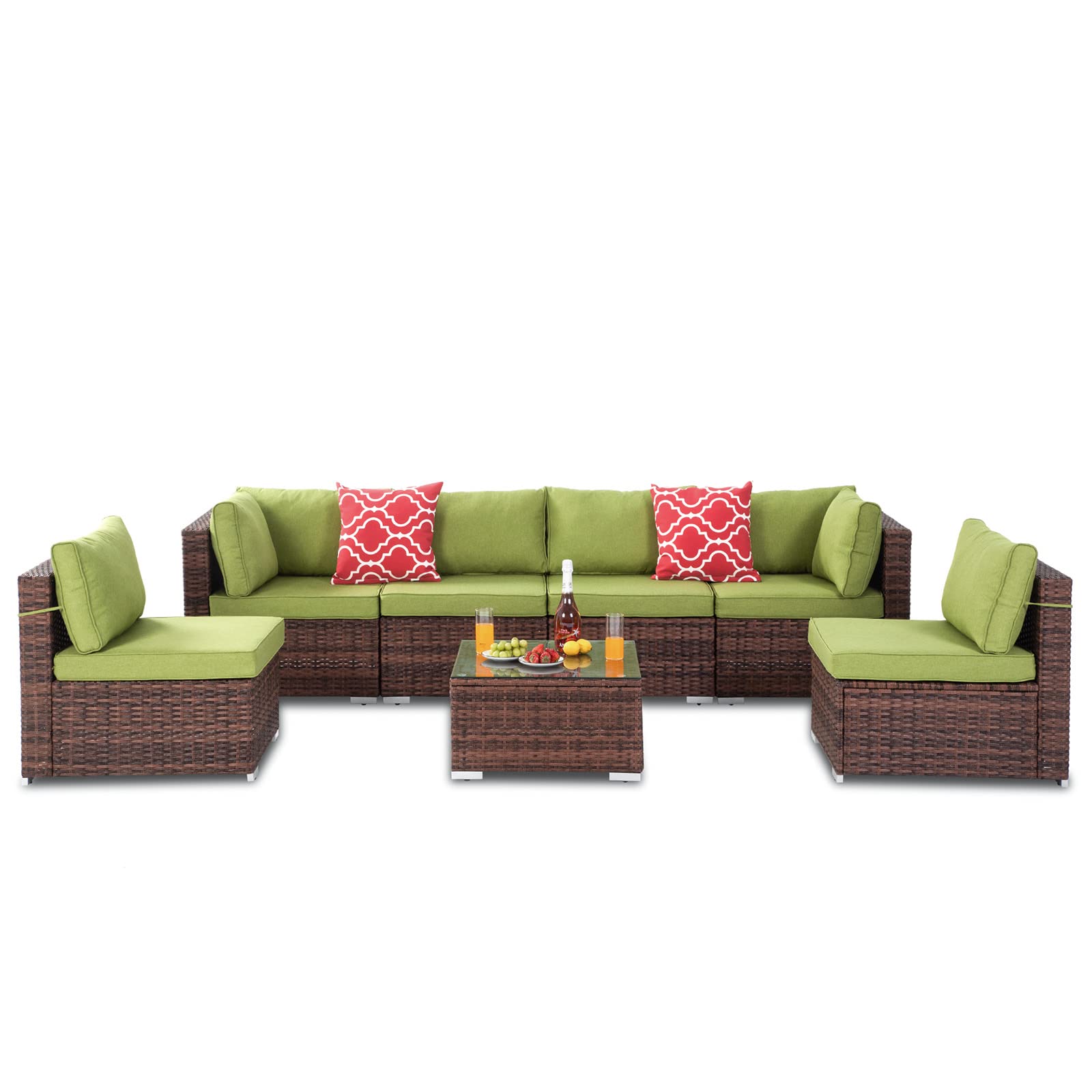 VONZOY 7-Piece Outdoor Patio Furniture Set - Brown Wicker Rattan Sectional Sofa with Cushions & Coffee Table - Perfect for Garden, Backyard, Poolside & Balcony Relaxation
