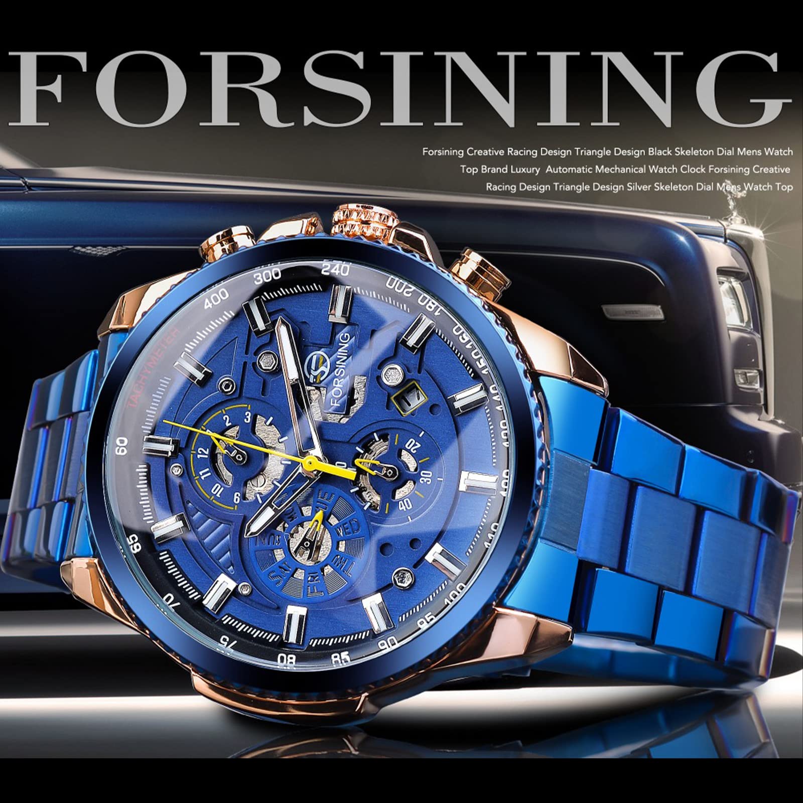 FORSINING Men's Automatic Self-Winding Mechanical Watch - Luxury Stainless Steel Case with Large Dial, Date, Month, Day, Stopwatch & Tachymeter - Perfect for Business, Formal Events & Everyday Wear