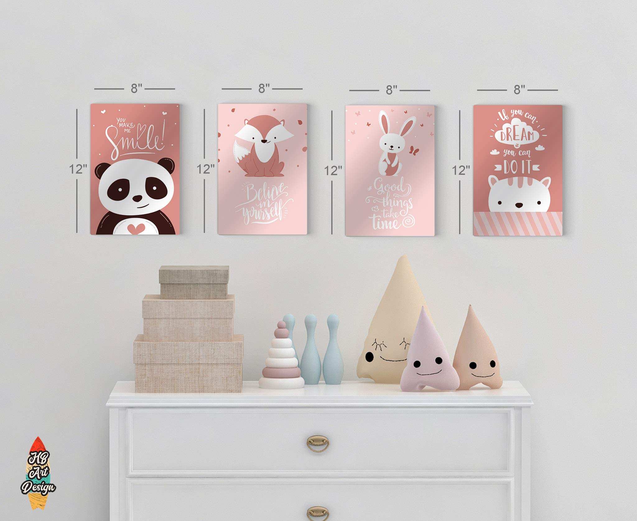 Cute Animals Motivational Wall Art - 4 Panel Metal Print Set for Nursery, Baby Girl & Boy Room Decor - Handmade in USA (30x20 inches each) - Perfect for Kids Bedroom, Playroom & Nursery Wall Decor