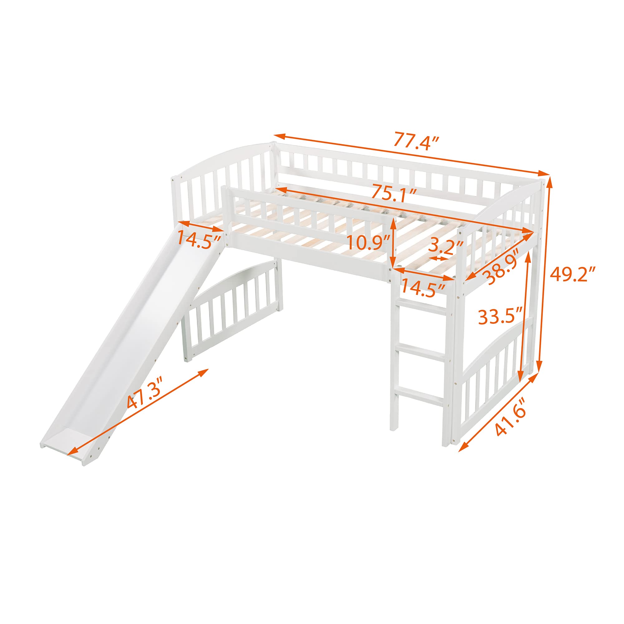 Bellemave Twin Loft Bed with Slide and Ladder - Low Height Wooden Kids Bunk Bed for Boys and Girls in White - Perfect for Small Bedrooms, Playrooms & Sleepovers