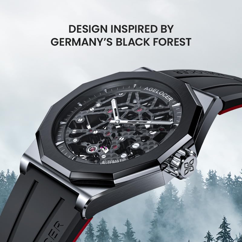 AGELOCER Automatic Skeleton Men's Watch - Mechanical Movement, Luminous Hands, Stainless Steel Case & Rubber Strap - Business & Formal Wear | Perfect for Office, Meetings & Special Occasions