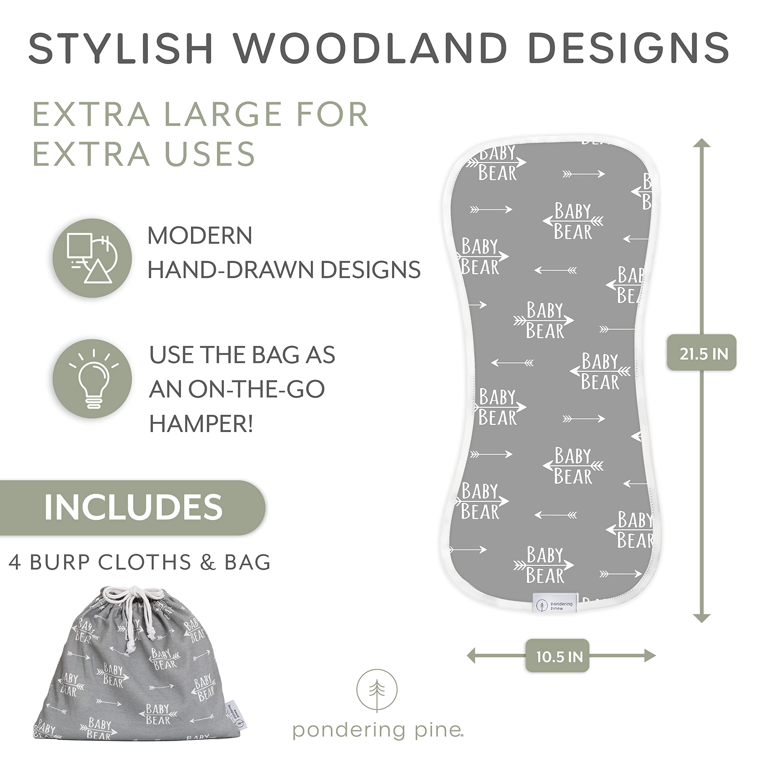 Organic Baby Burp Cloths - Ultra Absorbent XLarge Burping Clothes for Newborns | Unisex Spit-Up Towels & Milk Rags (4-Pack, Bear Woodland Design) - Perfect for Feeding, Nursing, and Diaper Bag Essentials