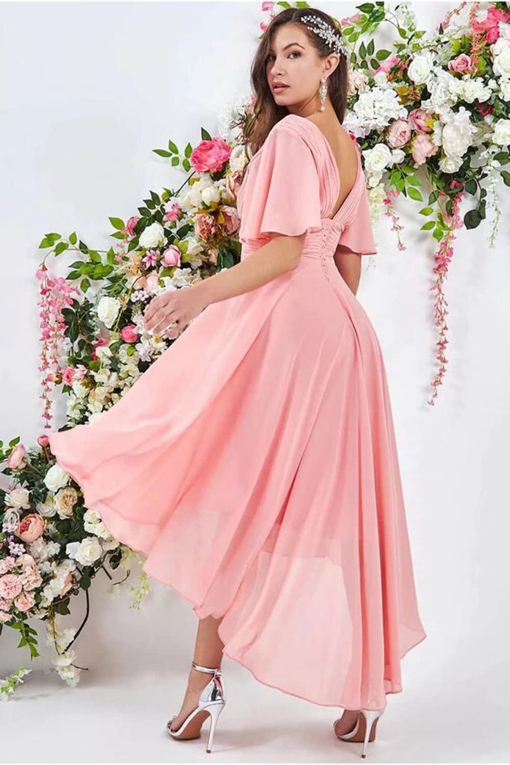 Elegant Chiffon Bridesmaid Dress with Flutter Sleeves & High-Low Hem - Perfect for Weddings, Prom, Evening Parties & Formal Events