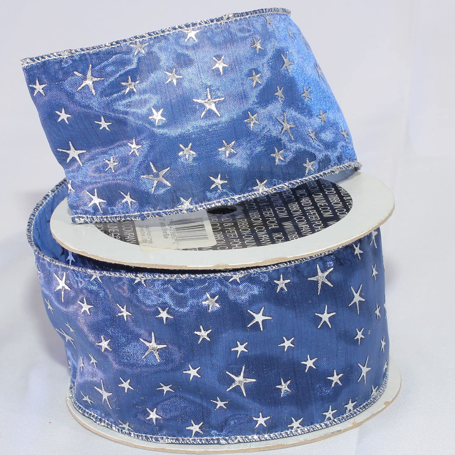 The Ribbon People Silver and Blue Stars Plump Edge Wired Craft Ribbon - 2.5
