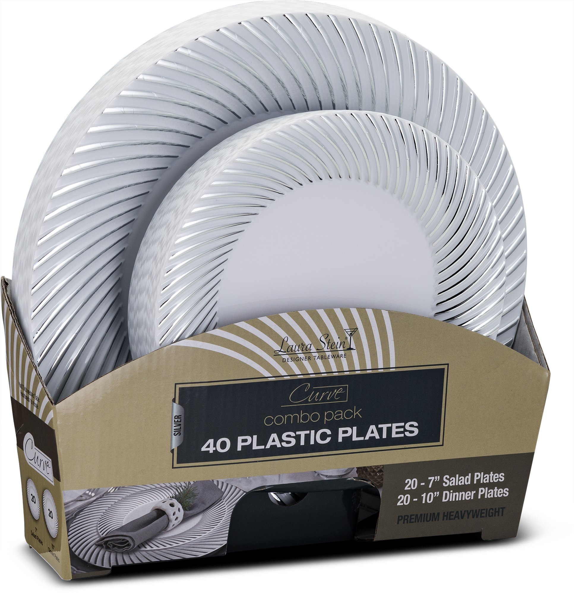 Laura Stein 40-Piece Premium Plastic Dinnerware Set - White with Silver Rim (20 Dinner Plates 10.75