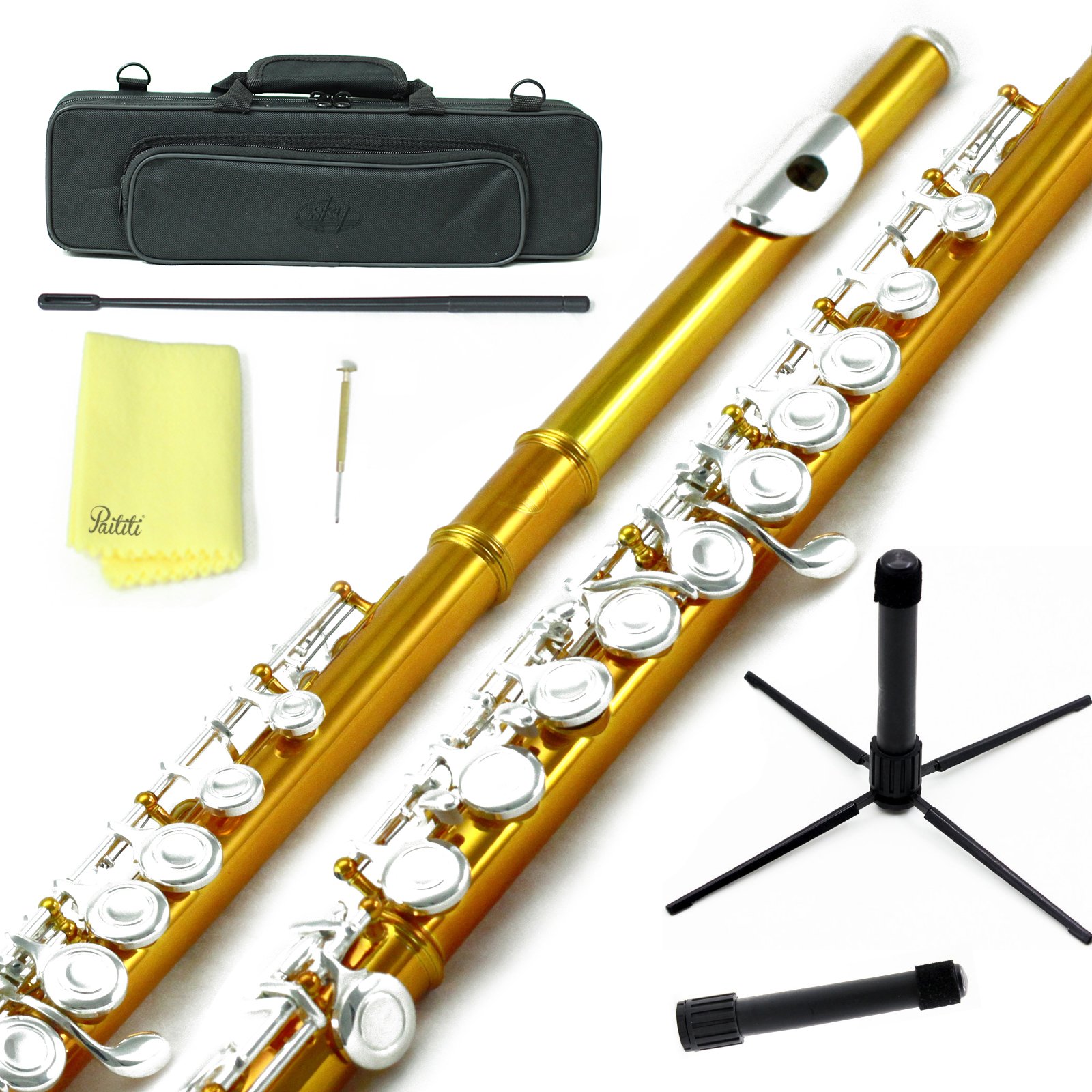 Professional Sky C Flute with Lightweight Case - Includes Cleaning Rod, Cloth, Joint Grease & Screwdriver | Yellow/Silver Closed Hole Design | Perfect for Beginners, Students & Band Performances