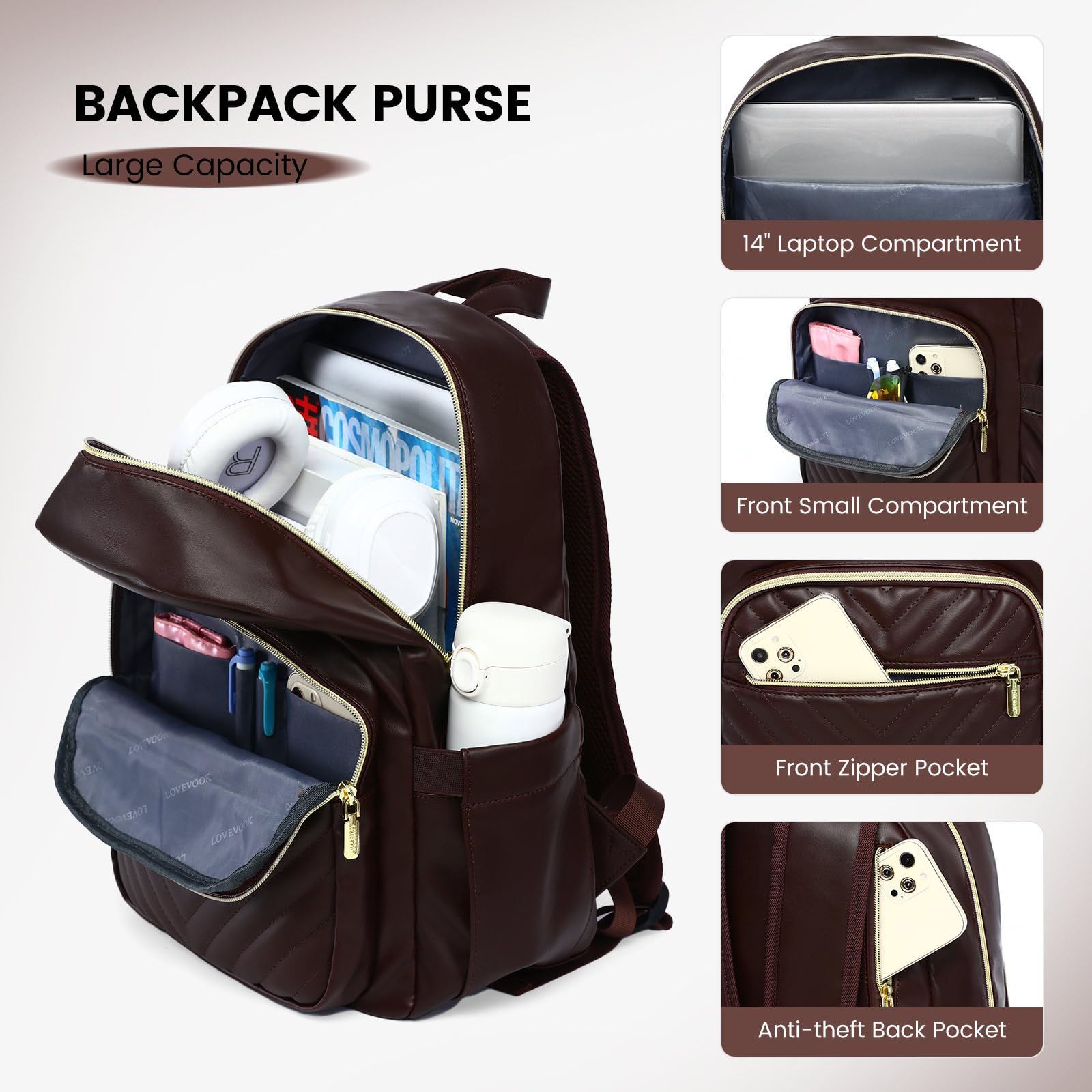 LOVEVOOK Women's Waterproof Mini Backpack Purse - Lightweight Small Backpack Set (2pcs, Coffee) for Travel, Work & Daily Use