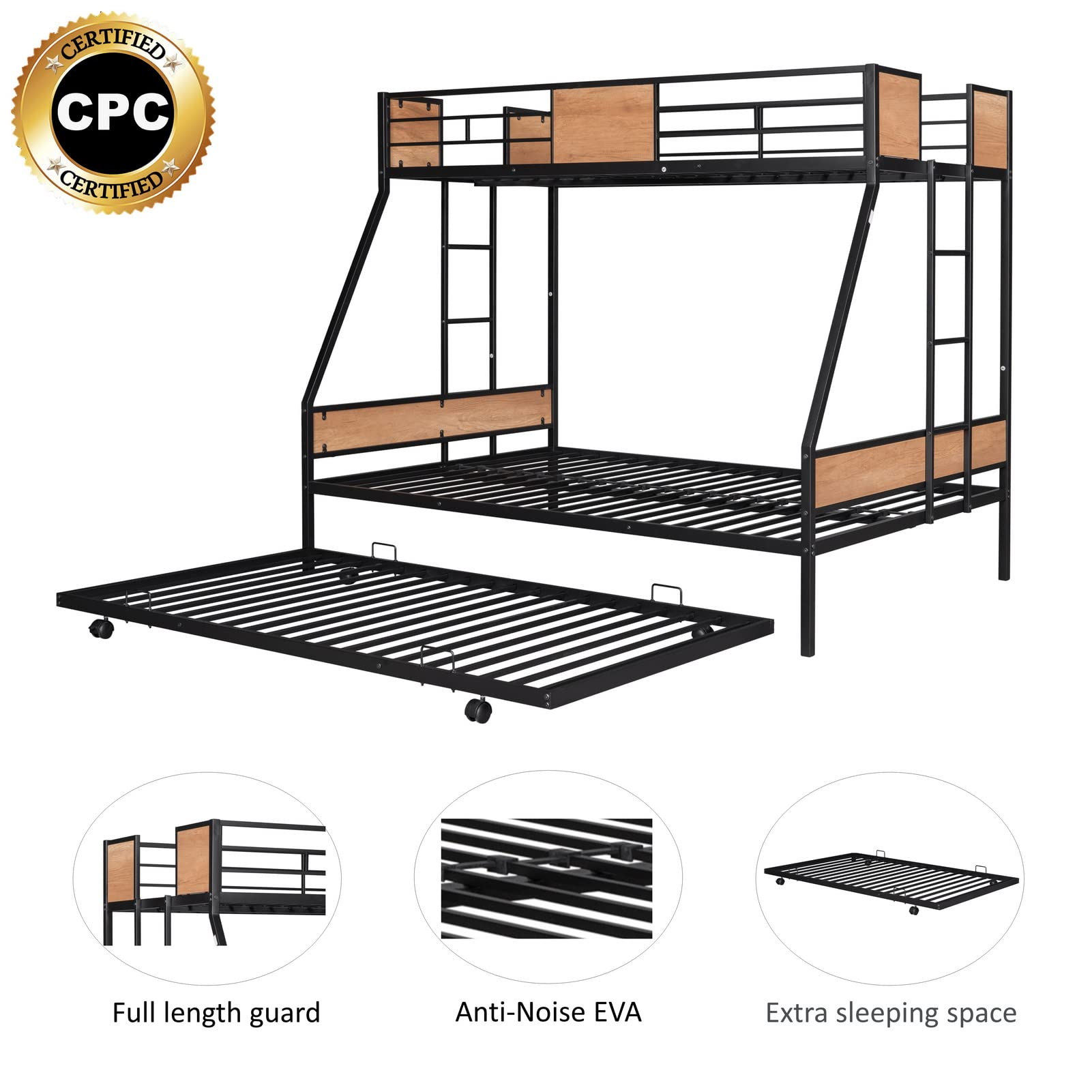 **Twin Over Full Bunk Bed with Trundle - Sturdy Metal Bunk Bed Frame for Kids & Adults - Safety Guardrail & Dual Ladder - No Box Spring Needed - Easy Assembly & Space-Saving Design - Perfect for Small Bedrooms, Guest Rooms & Kids' Shared Spaces**