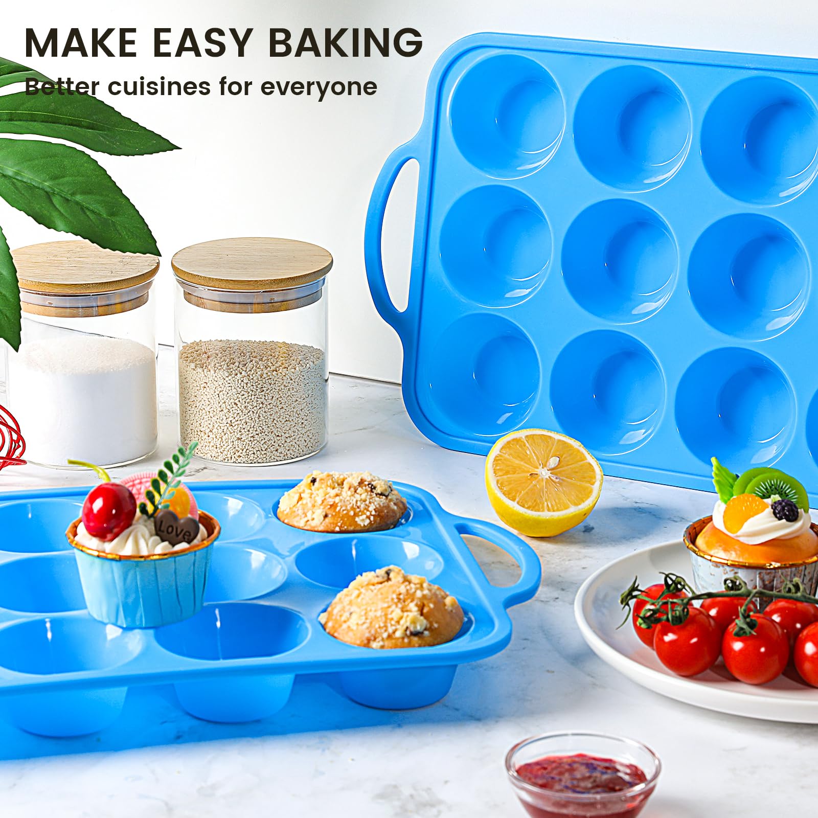 1Pack 12-Cup Silicone Muffin Pan with Metal Reinforced Frame - BPA Free, Oven & Dishwasher Safe Cupcake Baking Tray - Perfect for Home Baking, Party Desserts & Meal Prep (Blue)