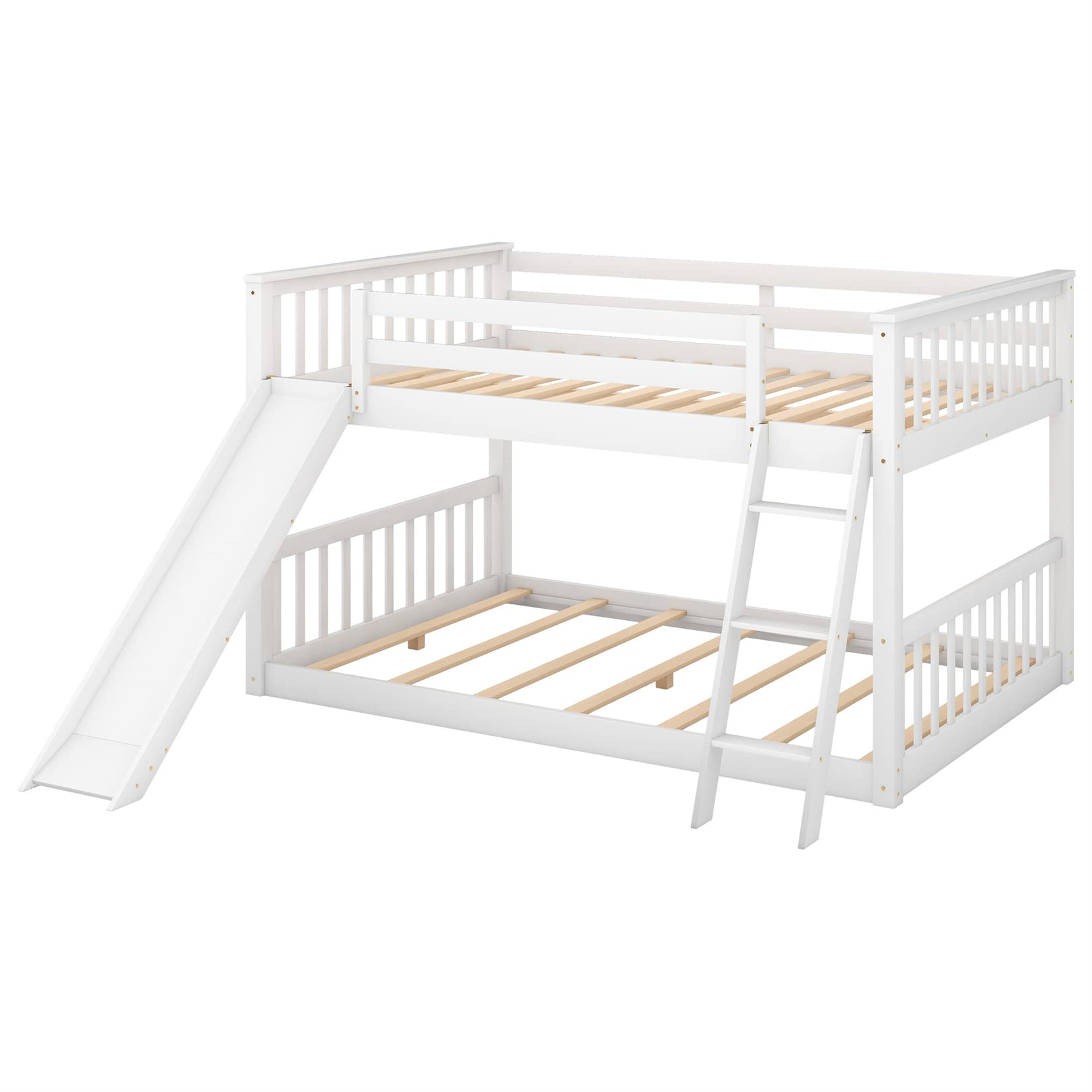 Full Over Full Low Bunk Beds with Slide for Kids - Sturdy Wood Bunk Bed Frame for Boys, Girls & Teens - Perfect for Bedroom, Dorm or Playroom - White