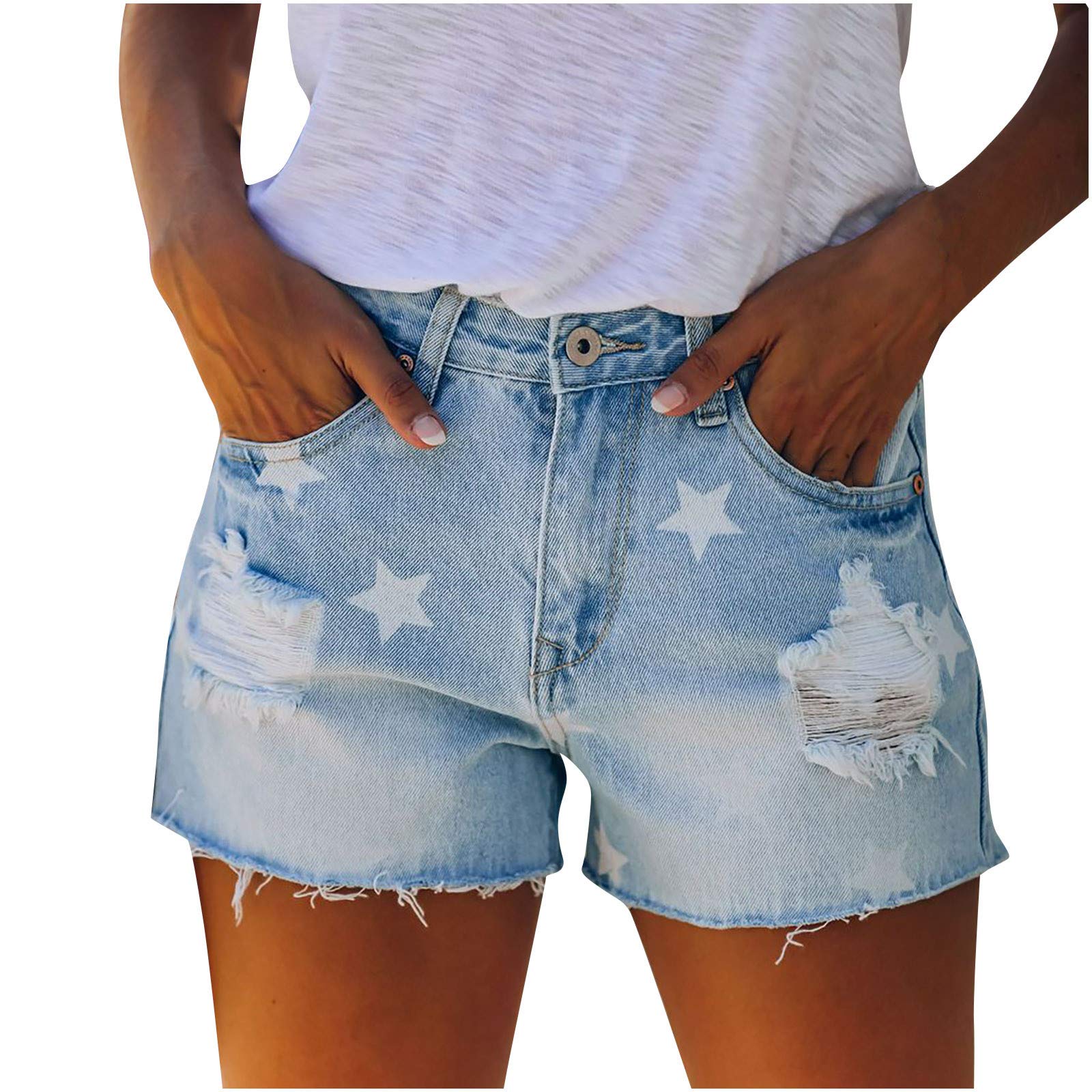 Women's Distressed Denim Shorts - Raw Hem Pull-On for Summer Outfits