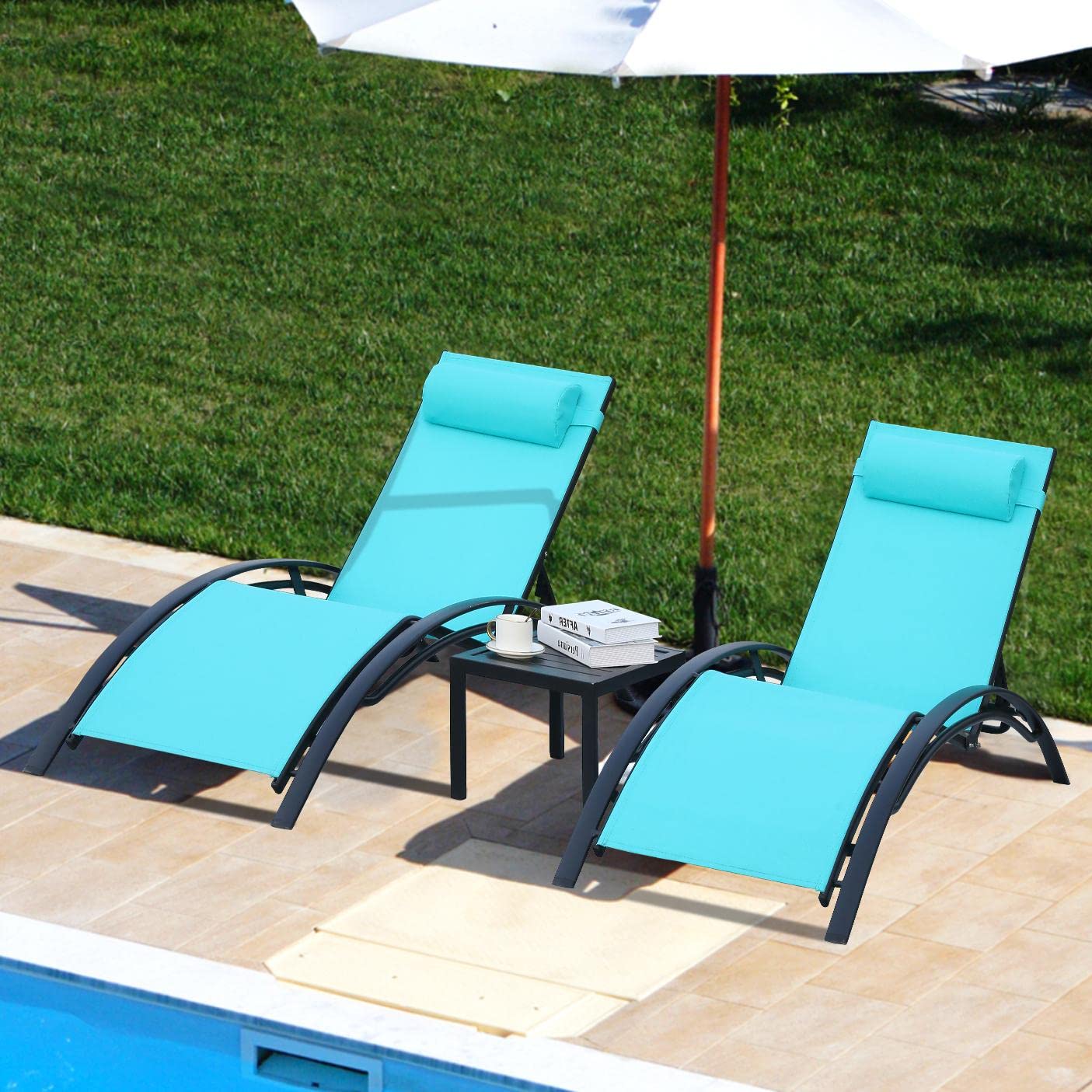 **AthLike 3-Piece Patio Chaise Lounge Set with Headrest & Side Table - 5-Level Adjustable Sunbathing Recliner for Poolside, Beach & Outdoor Relaxation (Blue)**