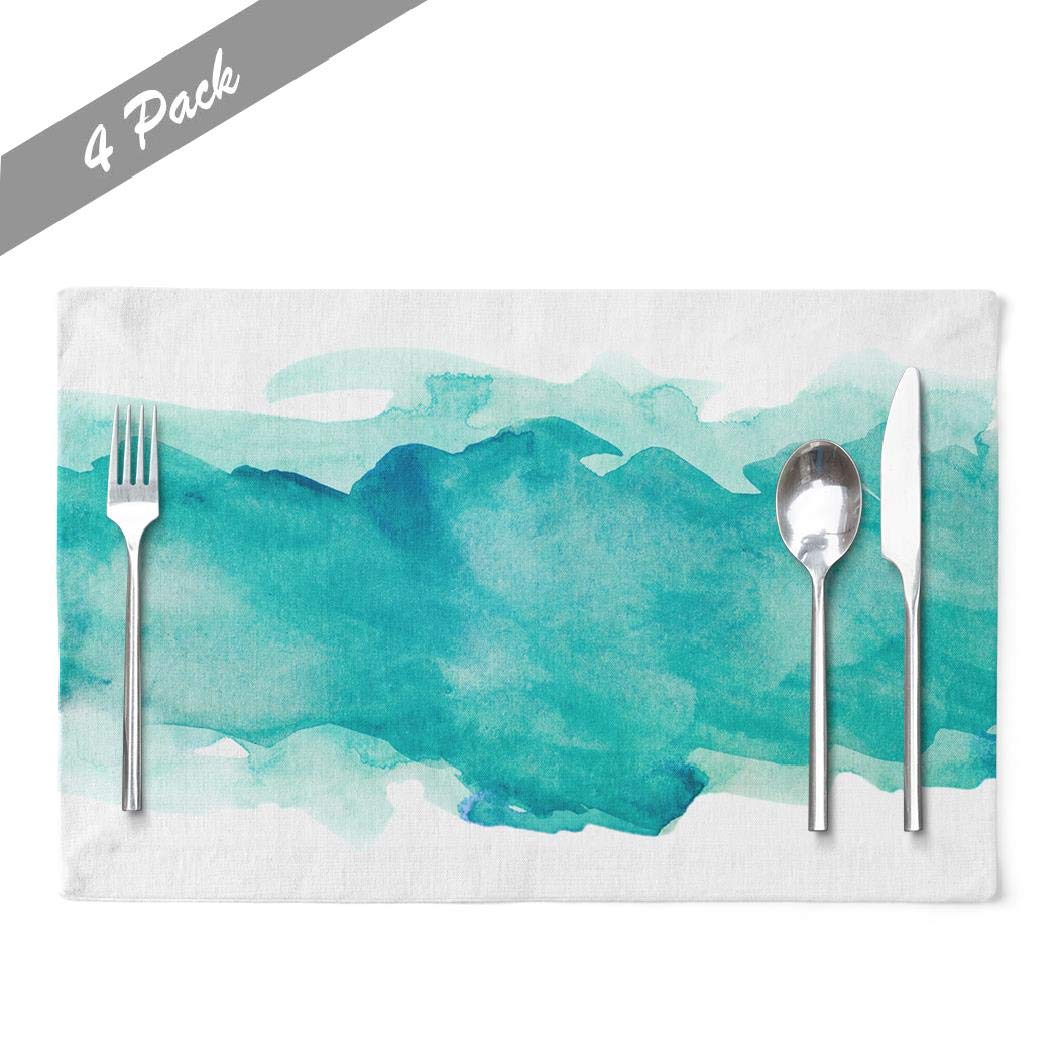 Aquamarine Watercolor Linen Placemats for Kids - Heat Resistant 18x12 Inch Dining Table Mats - Blue Abstract Ink Design - Perfect for Family Meals, Birthday Parties & Home Decor