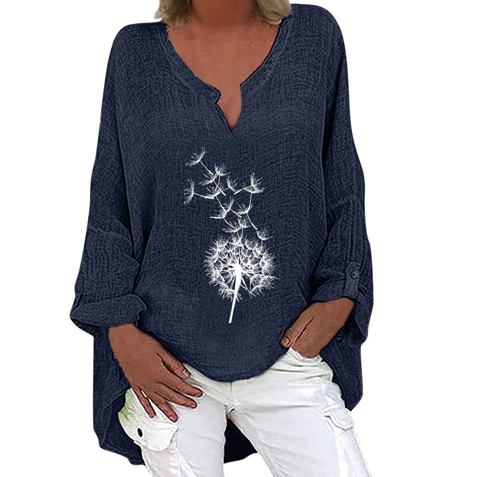 Women's Red Long Sleeve V-Neck T-Shirt with Dandelion Print & Irregular Hem - Stylish Black Tunic Top for Casual Wear, Office Outfits & Date Nights