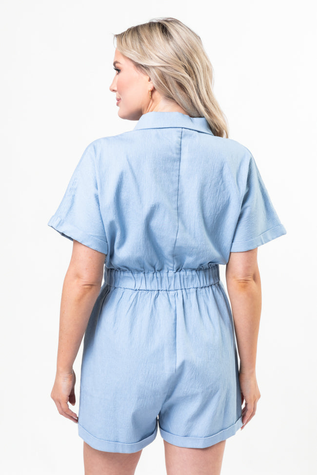 Blue Solid Chambray Romper for Women - Comfortable Summer Jumpsuit with Pockets | Perfect for Beach Outings, Casual Walks & Weekend Getaways