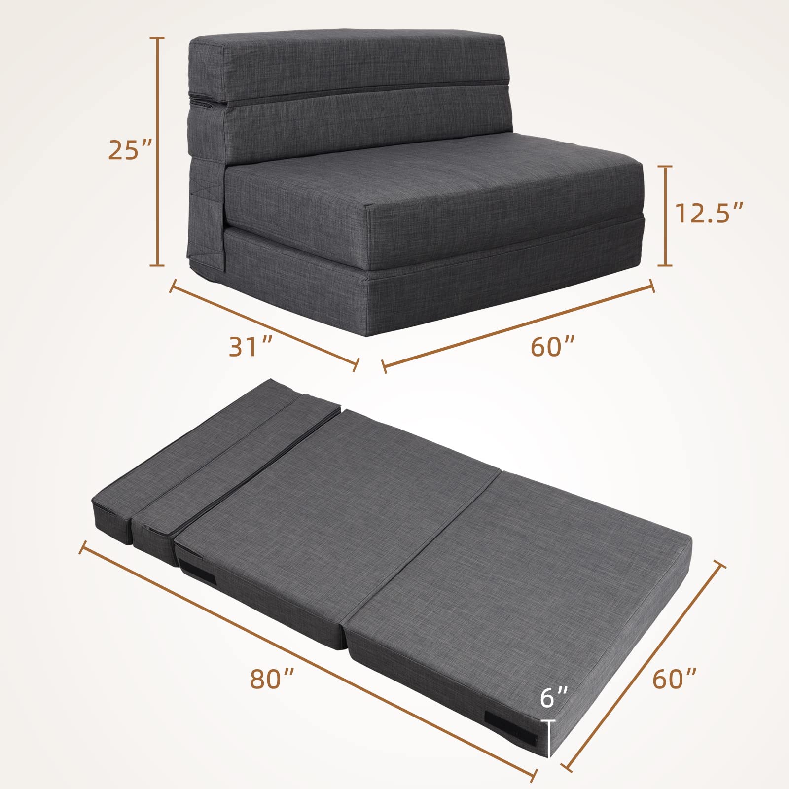 Queen Size Folding Sofa Bed with Memory Foam - 3-in-1 Convertible Sleeper Chair, Futon & Guest Bed - Includes 2 Pillows & Washable Dark Gray Cover - Perfect for Small Spaces, Guest Rooms & Apartments