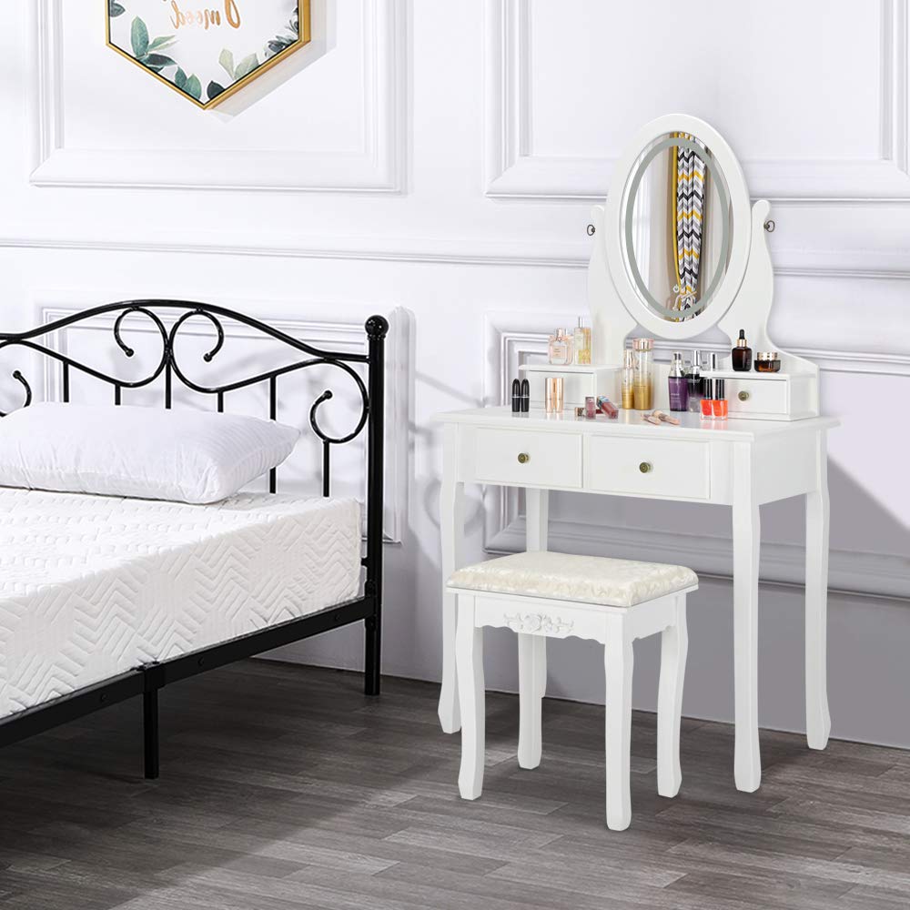 Bonnlo White Lighted Vanity Set with Mirror, Drawers & Cushioned Stool - Makeup Dressing Table for Teen Girls & Women | Perfect for Bedroom, Bathroom & Beauty Salon Decor