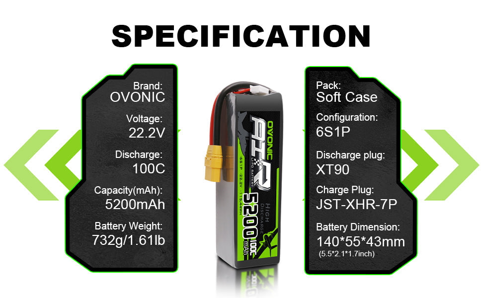 Ovonic 6S Lipo Battery 5200mAh 22.2V 100C High Performance RC Battery with XT90 & AS150 Connectors for 7-10 Inch Long Range Drones, Cinelifter, Multirotor, X Class FPV - Perfect for Aerial Photography and Professional Racing Drones