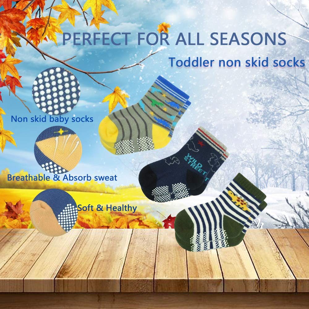 12 Pairs Non-Slip Toddler Socks with Grips - Cotton Anti-Skid Ankle Crew Socks for Boys & Girls (1-7 Years) - Perfect for Playtime, School & Indoor Activities