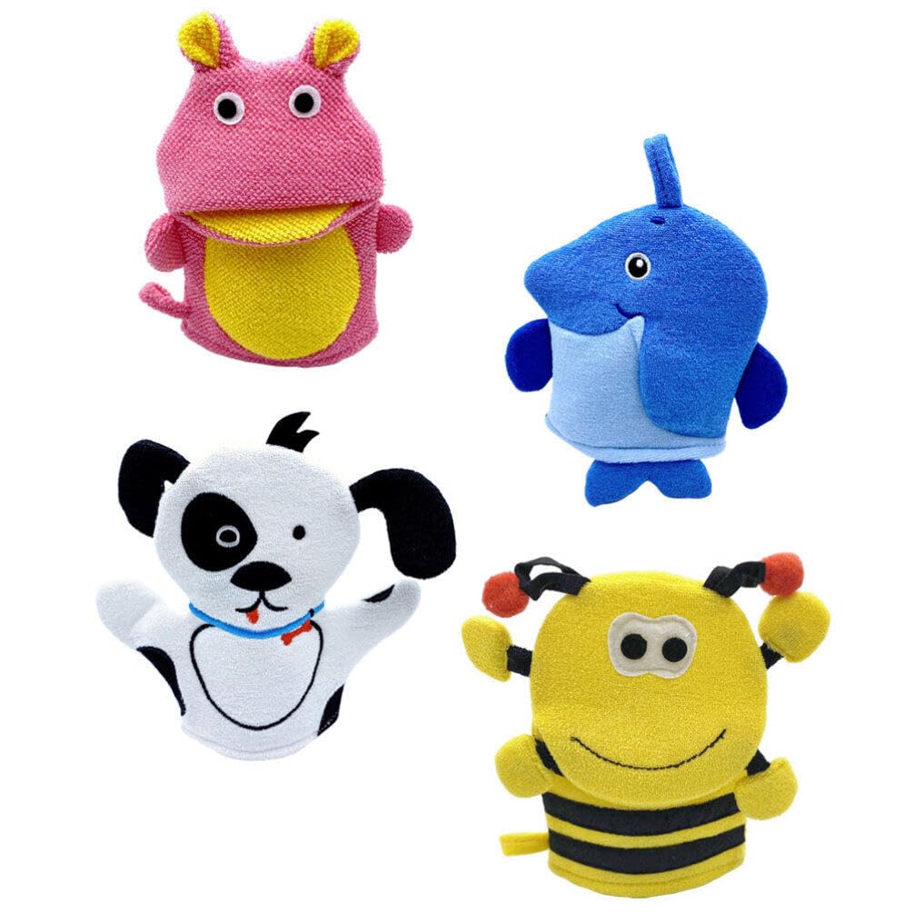 **4-Pack Cartoon Bath Mitts for Kids - Soft Wash Gloves & Body Towels for Toddlers - Portable Shower Mittens for Gentle Cleaning - Perfect for Bath Time, Baby Care & Sensitive Skin**    *(Ideal for Gentle Bathing, Baby Hygiene, Sensitive Skin Care & Fun Shower Time for Toddlers)*
