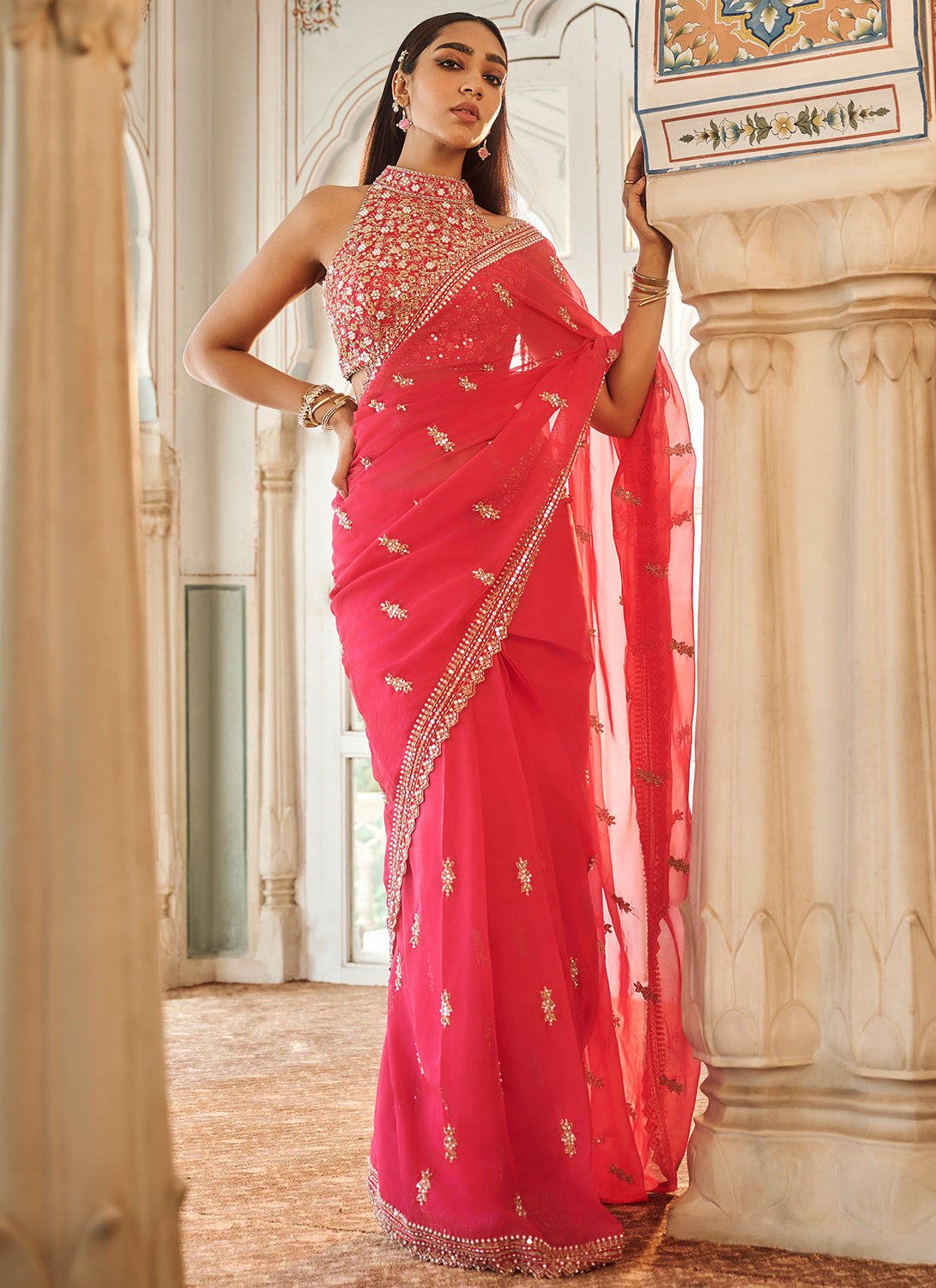 Elegant Hot Pink Embroidered Viscose Organza Saree for Women | Traditional Indian Party Wear | Perfect for Weddings, Festivals & Special Occasions