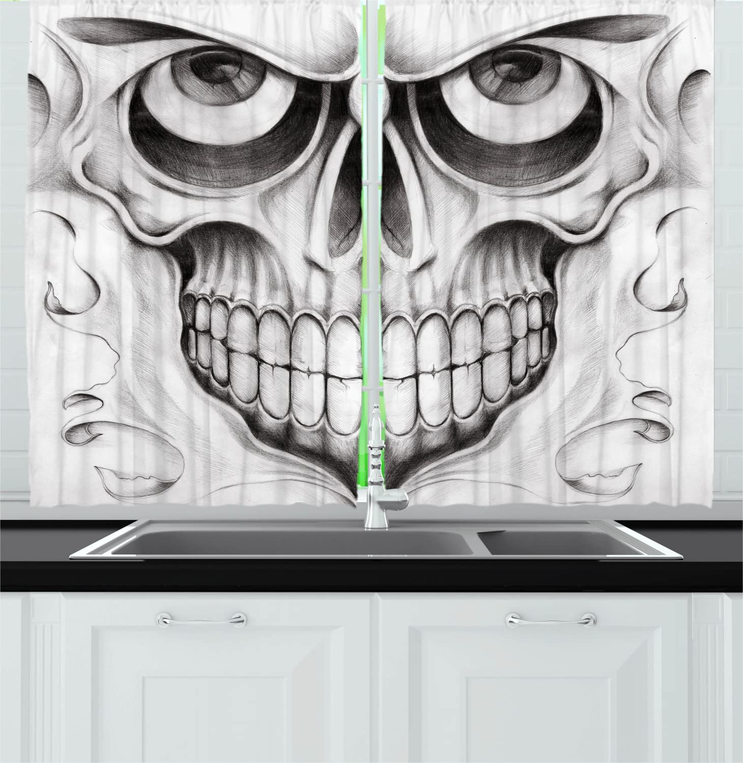 Ambesonne Day of The Dead Kitchen Curtains - Scary Skull Face with Angry Expression, Black White & Grey Gothic Decor - 55x45 Inch Rod Pocket Drapes for Halloween, Dia de Muertos & Gothic Home Decor