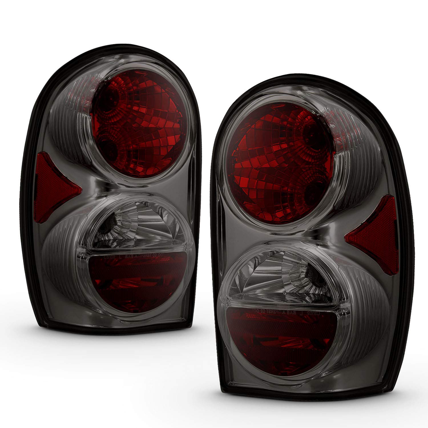 AmeriLite Replacement Smoke Brake Tail Lights Set for 2002-2007 Jeep Liberty SUV - Left & Right Side (Driver & Passenger) - Durable & Stylish Upgrade for Off-Roading & Night Driving